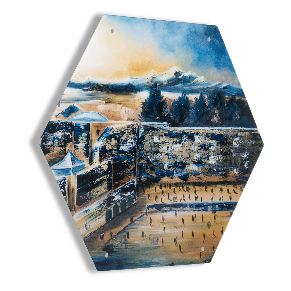 Kosel painted hexagon sukkah decoration, 16" Lucite scene painted by Zelda, for Sukkos