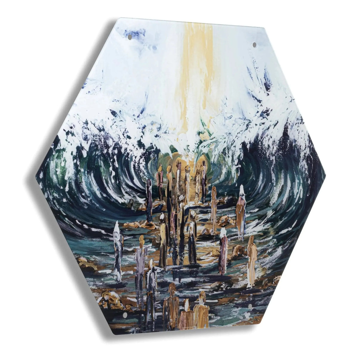 Krias Yam Suf painted hexagon sukkah decoration, 16" Lucite splitting of the sea scene, for Sukkot