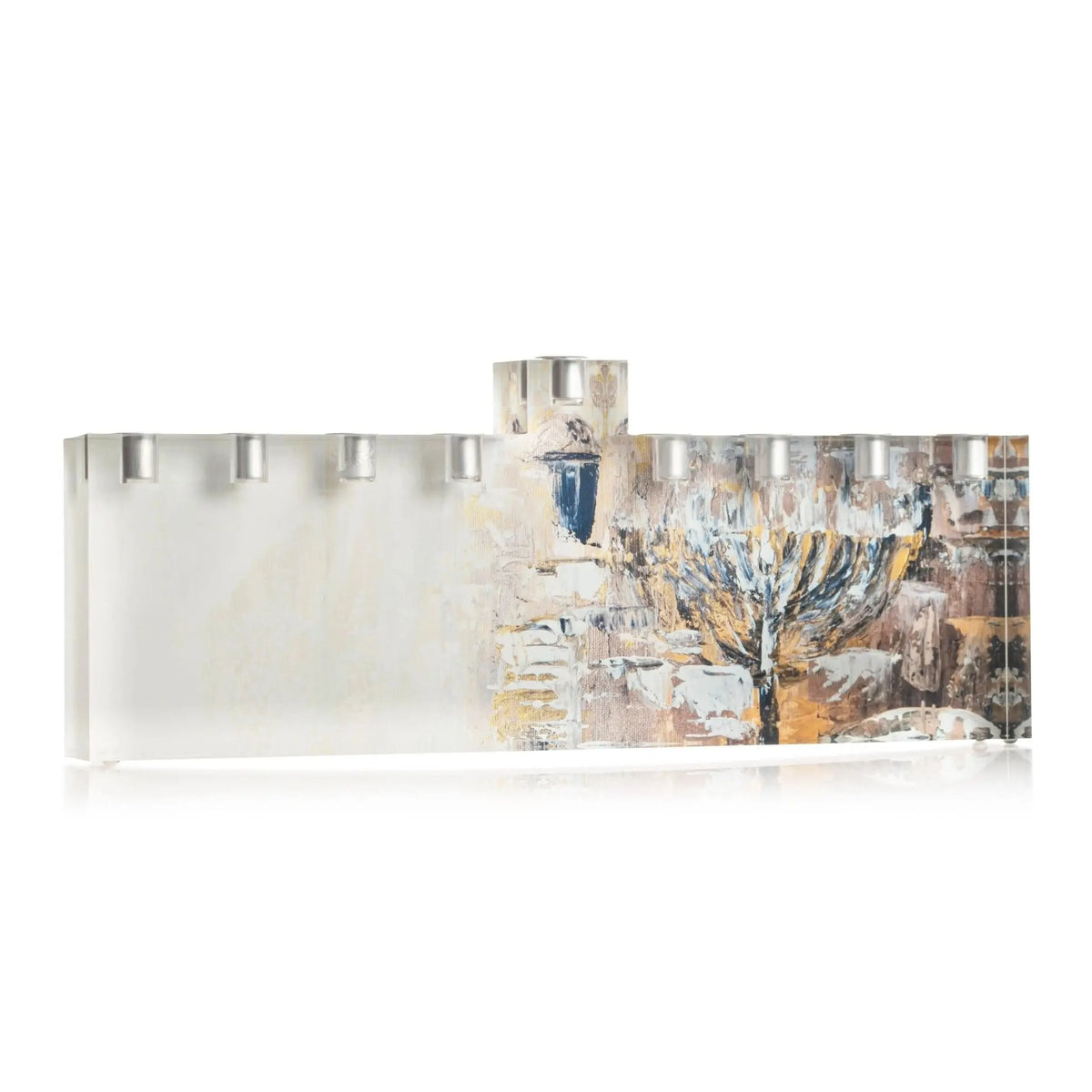 Painted Jerusalem Menorah from Waterdale Collection, a 1 inch thick Lucite menorah with a painted Jerusalem scene by artist Zelda