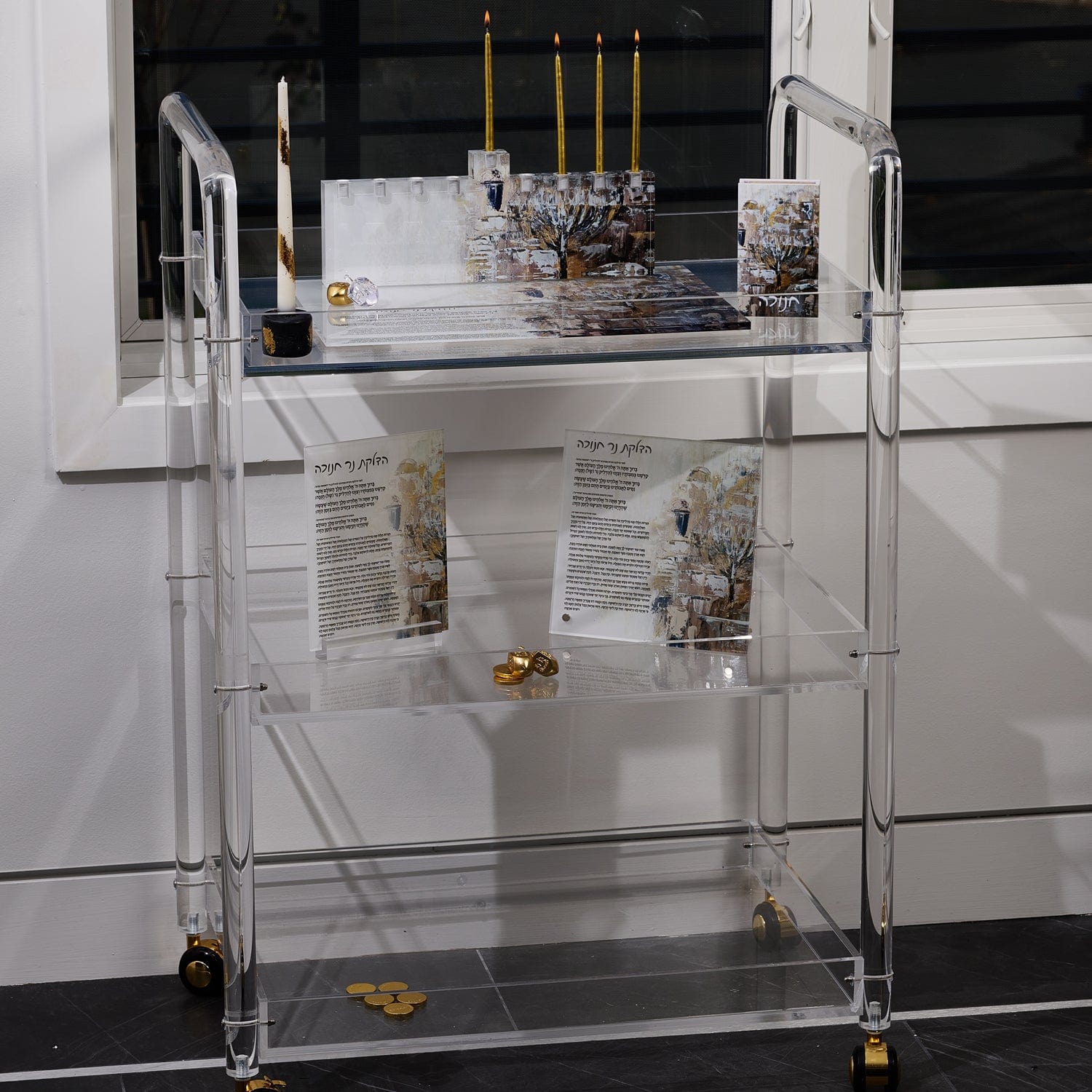 Painted Jerusalem Menorah Tabletop Chanukah Brachos - Waterdale Collection