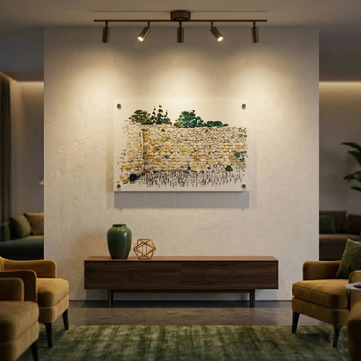 Contemporary Western Wall artwork featuring the Jerusalem Kosel with textured gold accents, luxury Judaica wall art.