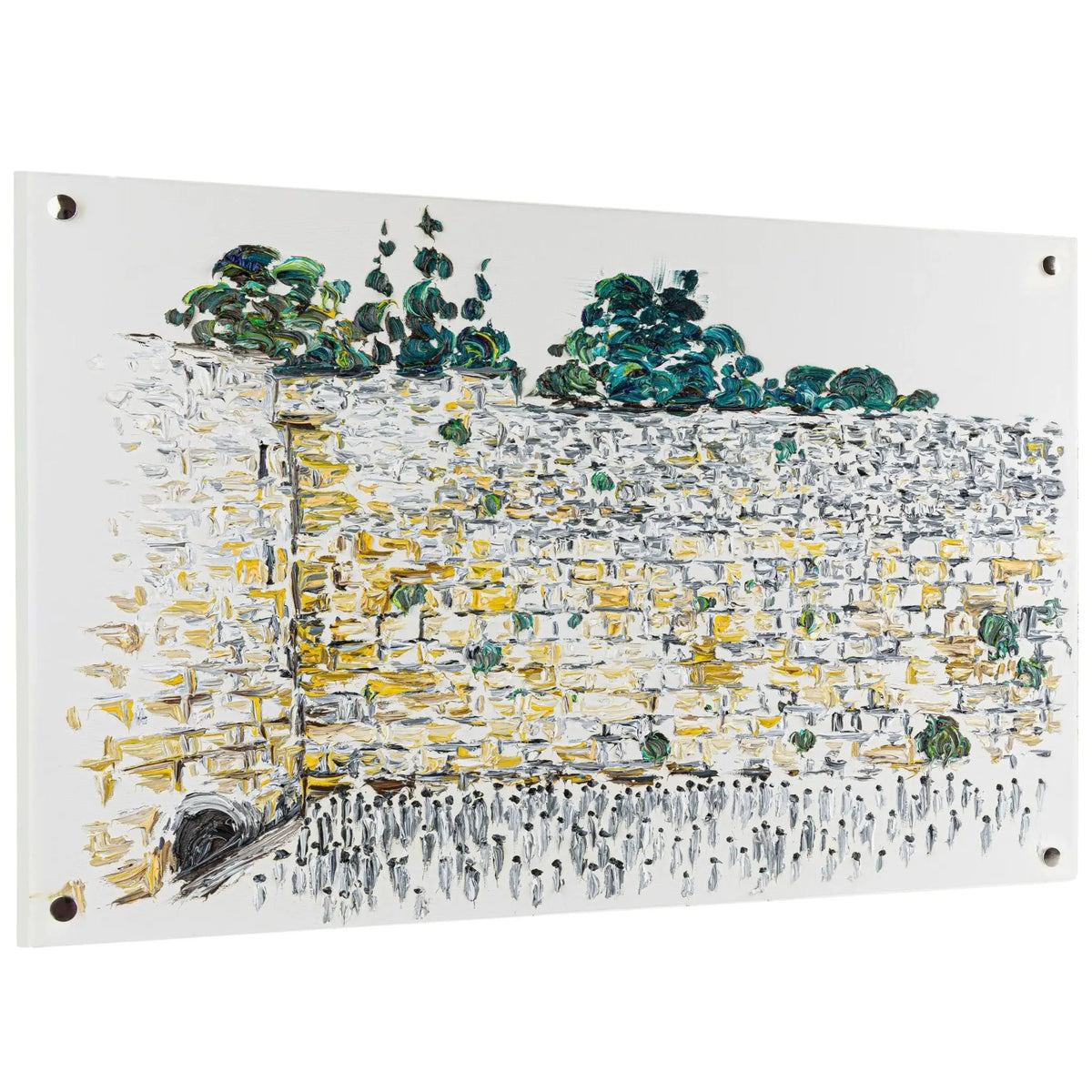 Painted Kosel by Koby wall art featuring an impressionistic jerusalem landscape with architectural details in muted gold and teal tones on canvas.