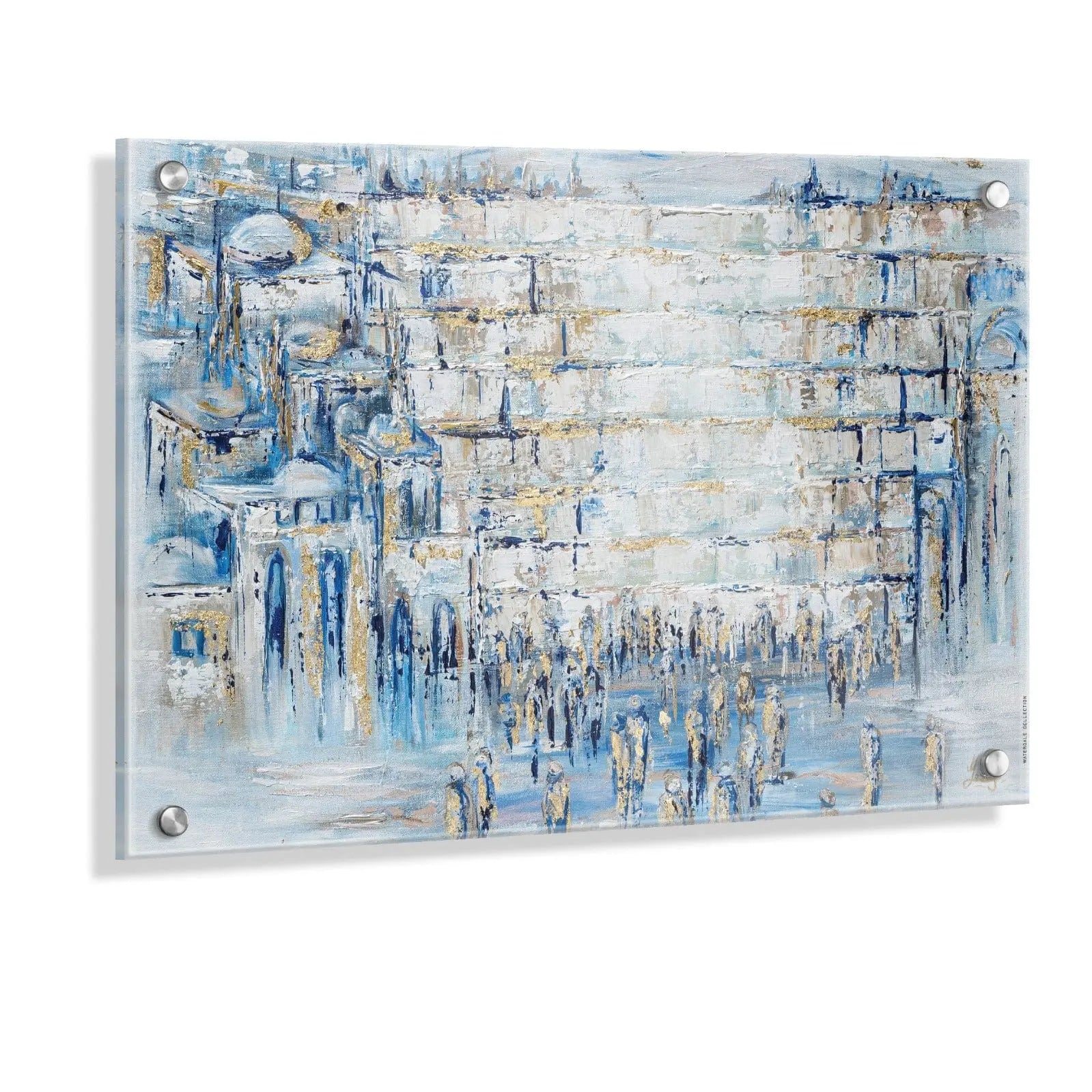 "Painted Kosel" by Yosefa on clear lucite, featuring a modern Western Wall painting with neutral tones and gold metallic accents by Waterdale Collection