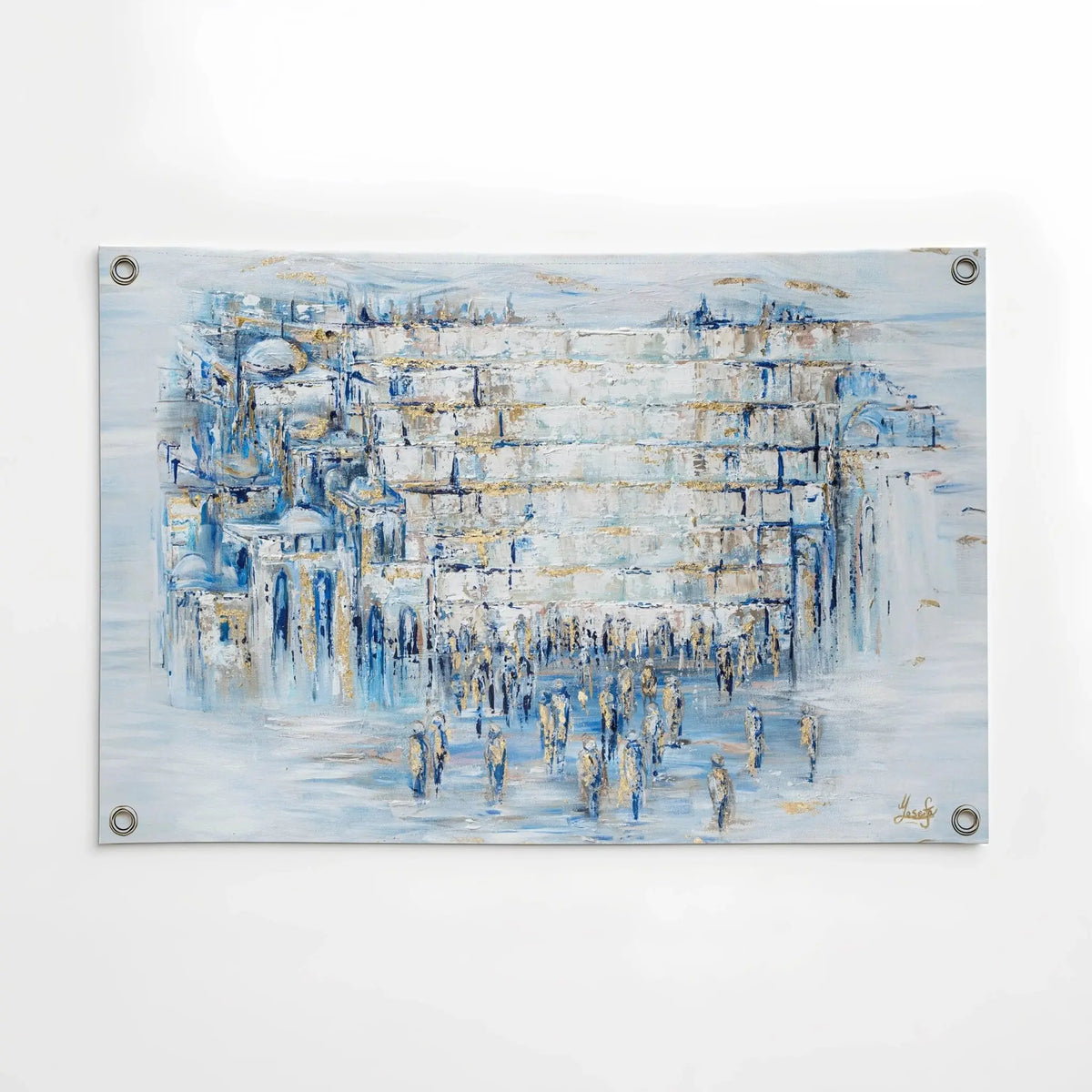 Painted Kosel by Yosefa, the Kosel (כותל) in blue and gold brushstrokes on vinyl, for Sukkos
