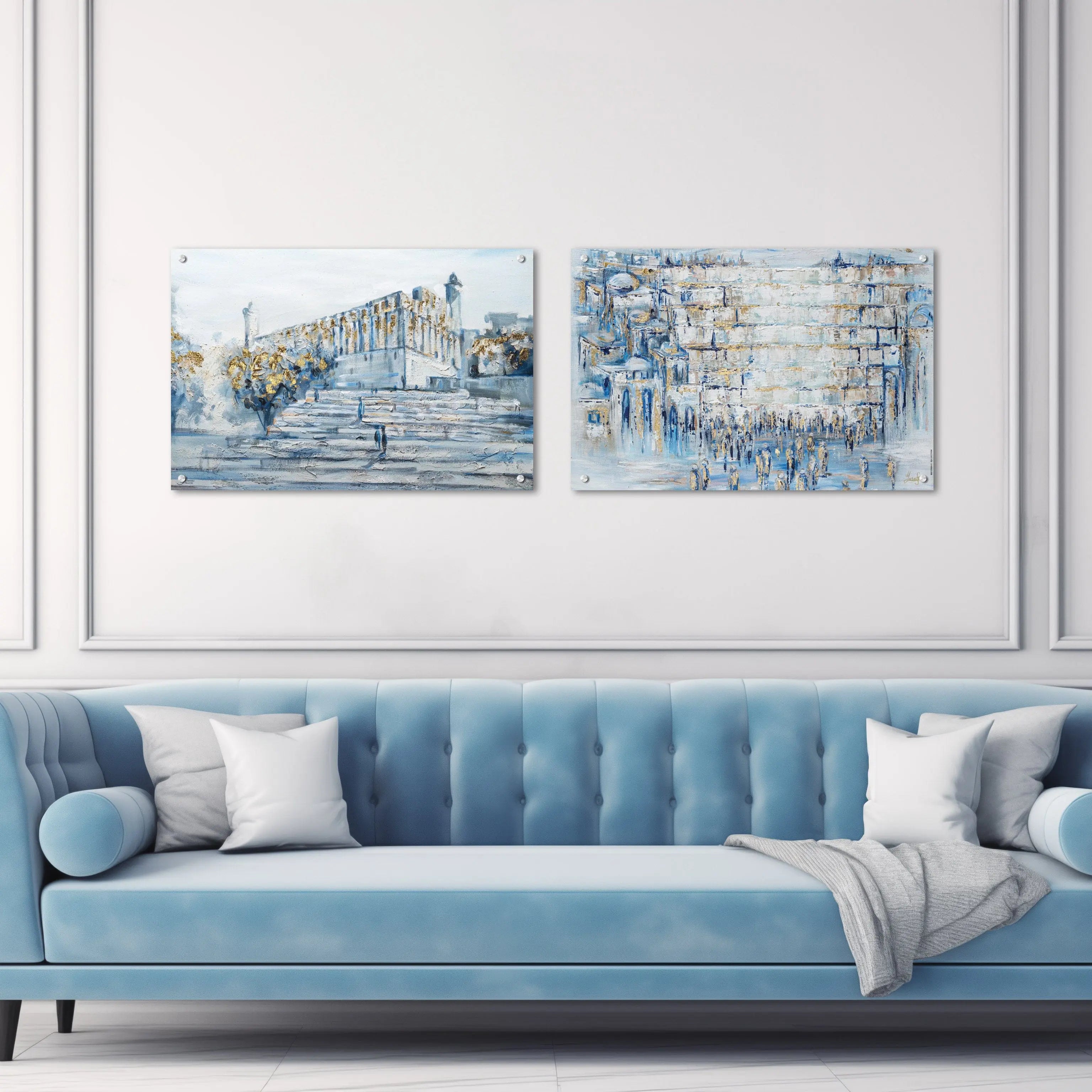 Painted by Yonatan Mearas Hamachpela and painted Kosel by Yosefa hung on the living room wall
