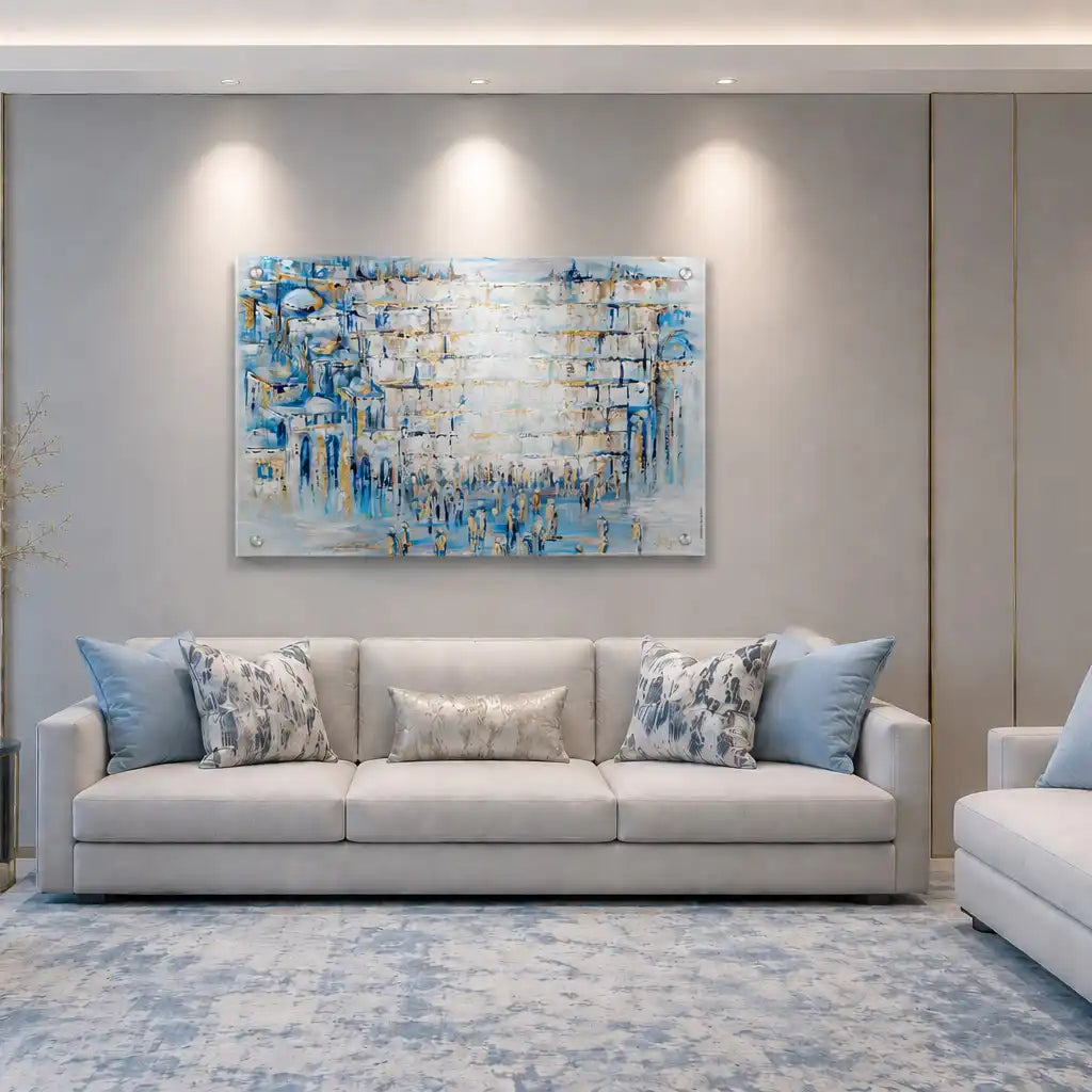 "Painted Kosel" by Yosefa on clear lucite, featuring a modern Western Wall painting with neutral tones and gold metallic accents displayed on the living room wall