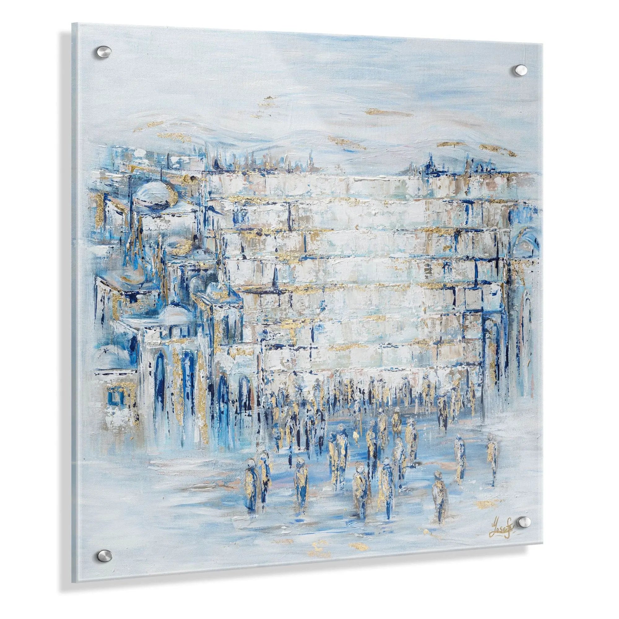 "Painted Kosel" by Yosefa on clear lucite, featuring a modern Western Wall painting with neutral tones and gold metallic accents by Waterdale Collection
