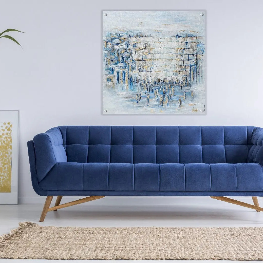 "Painted Kosel" by Yosefa on clear lucite, featuring a modern Western Wall painting with neutral tones and gold metallic accents displayed on the living room wall