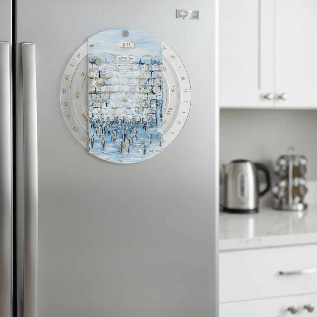 Painted Kosel Calendar Wheel magnet mounted on a stainless steel refrigerator in a modern kitche, featuring a blue Western Wall painting and Hebrew monthly names on the rotating wheel - Waterdale Collection