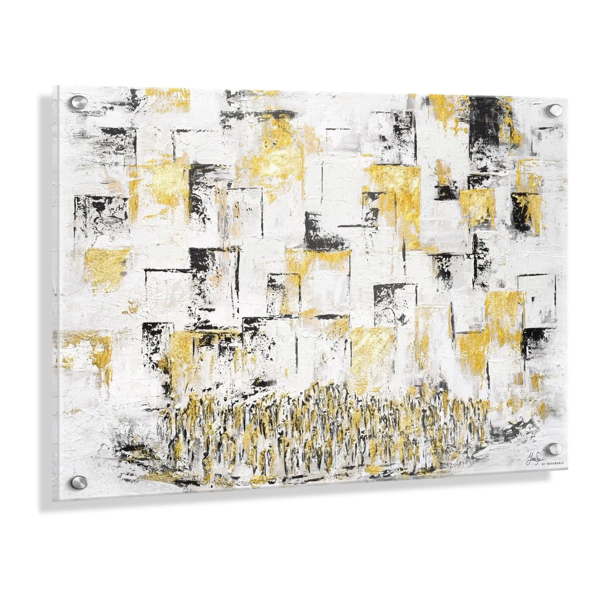 Modern Painted Kosel wall art in a sophisticated black, gold, and white palette, featuring a high-contrast Western Wall painting on premium clear lucite. | Waterdale Collection