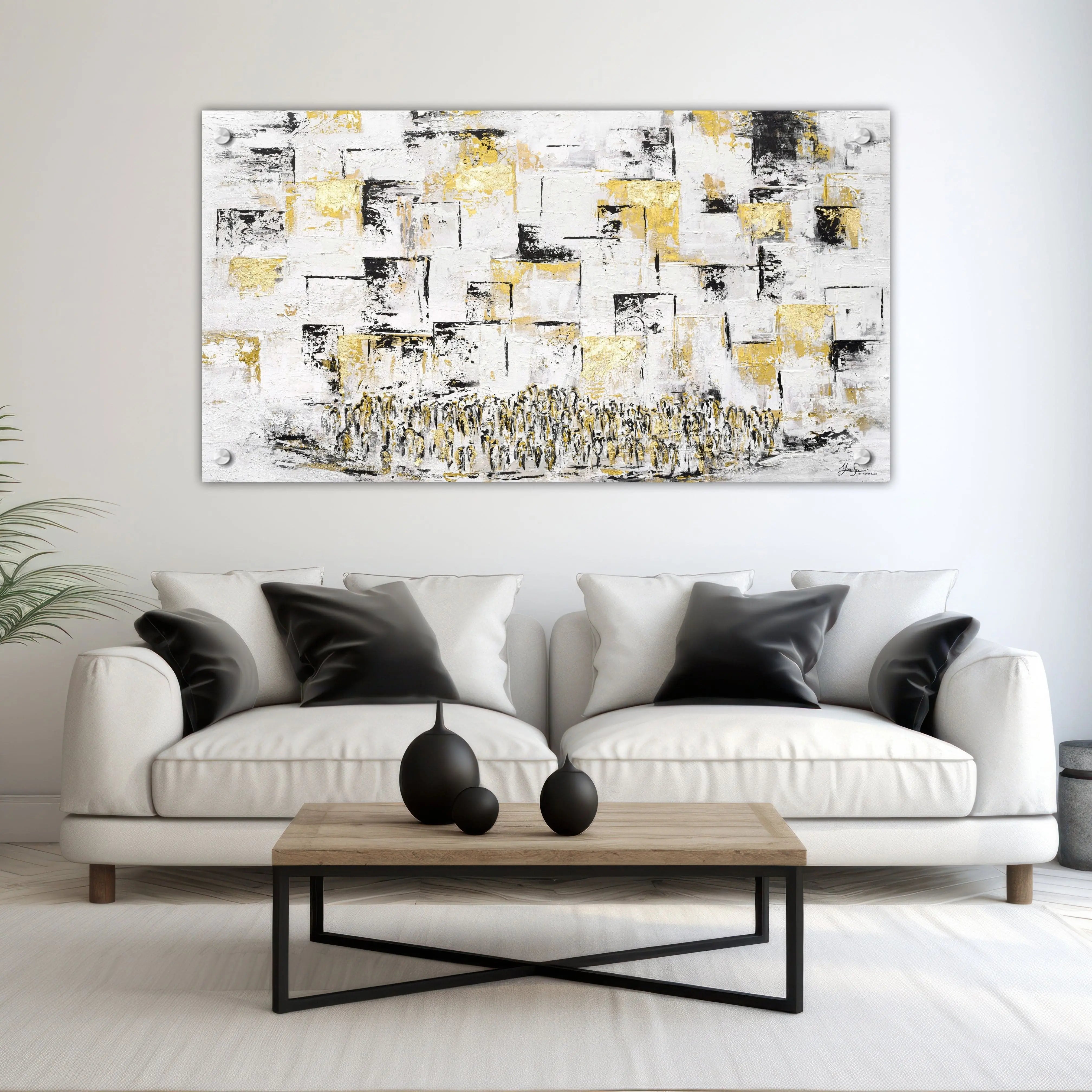 Modern Painted Kosel wall art in a sophisticated black, gold, and white palette, featuring a high-contrast Western Wall painting on premium clear lucite displayed on the living room wall. | Waterdale Collection