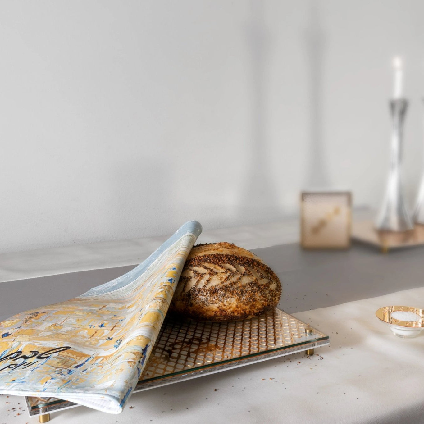 Painted Kosel of Gray & Gold Challah Cover - Waterdale Collection