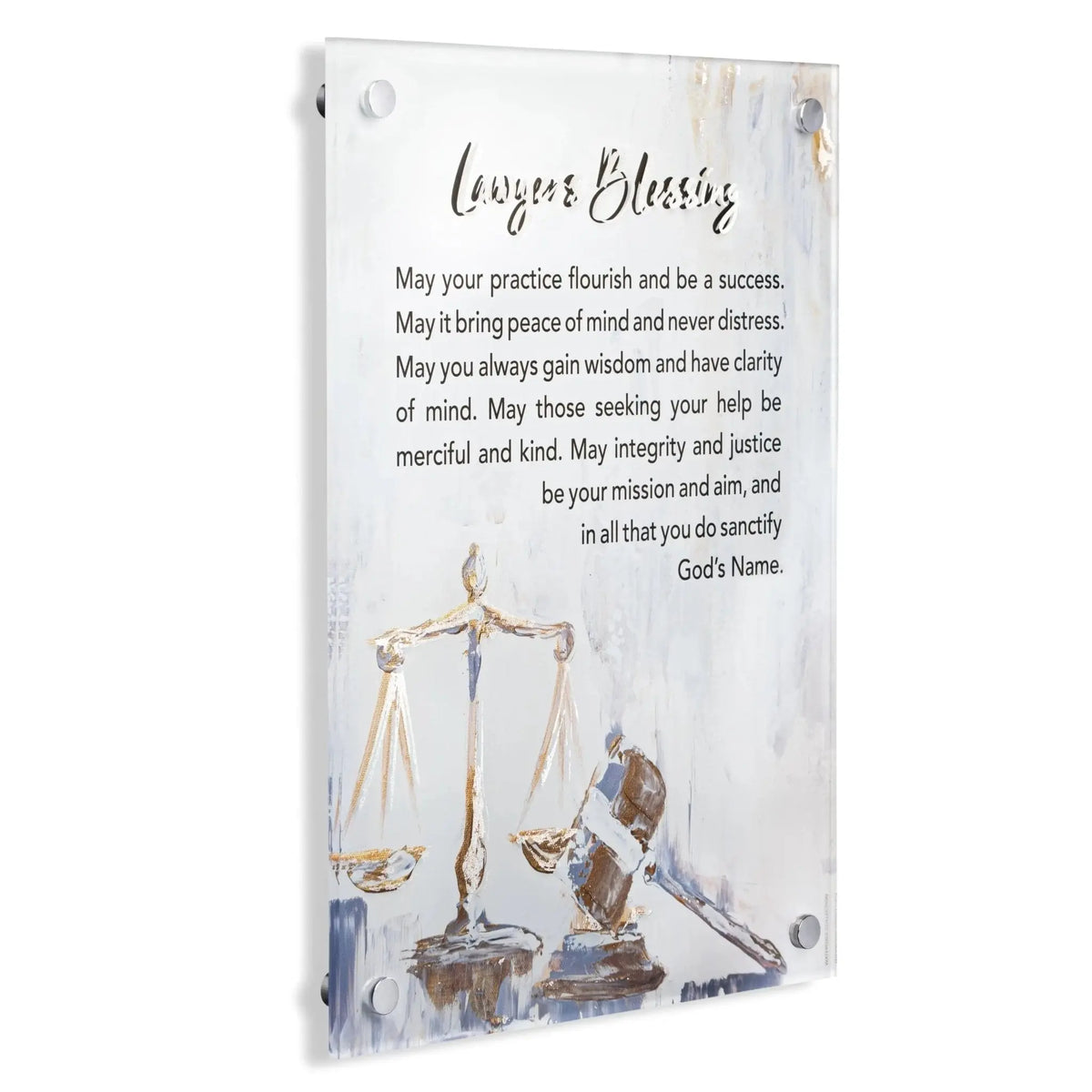 Painted Lawyers Blessing wall art featuring scales of justice in gold and blue watercolor on white canvas with inspirational blessing text.