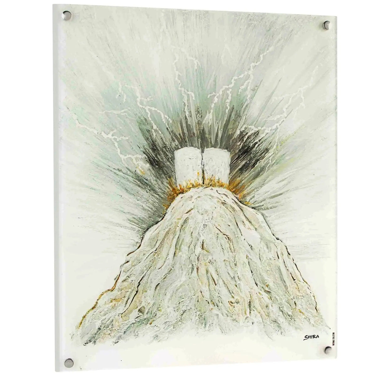 Painted Matan Torah by Shira Licht features a watercolor illustration of a mountain with radiating green and gold details, displayed on white wall art.
