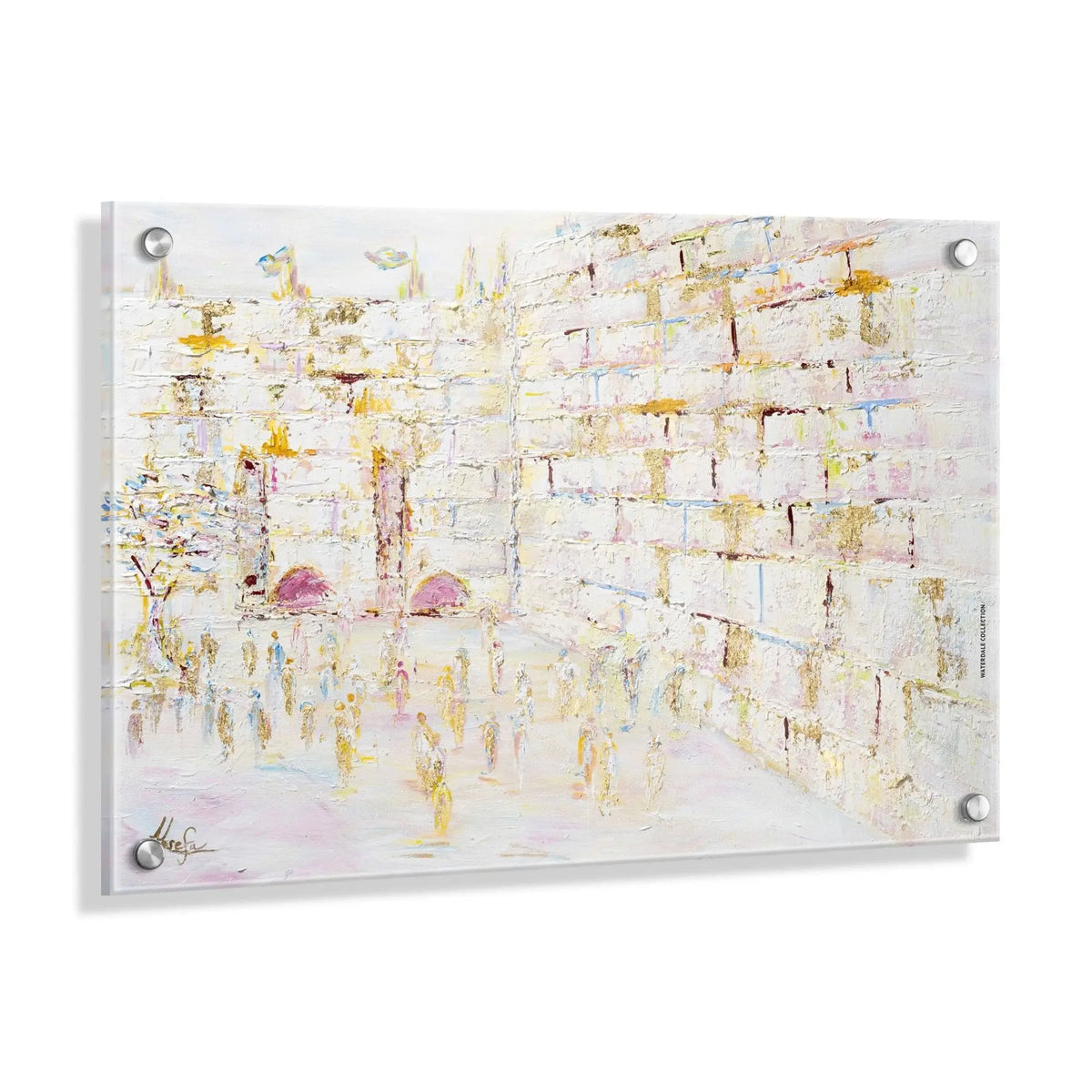 Painted Pastel Kosel by Yosefa wall art featuring Jerusalem's Western Wall in soft pink and gold tones on acrylic panel.
