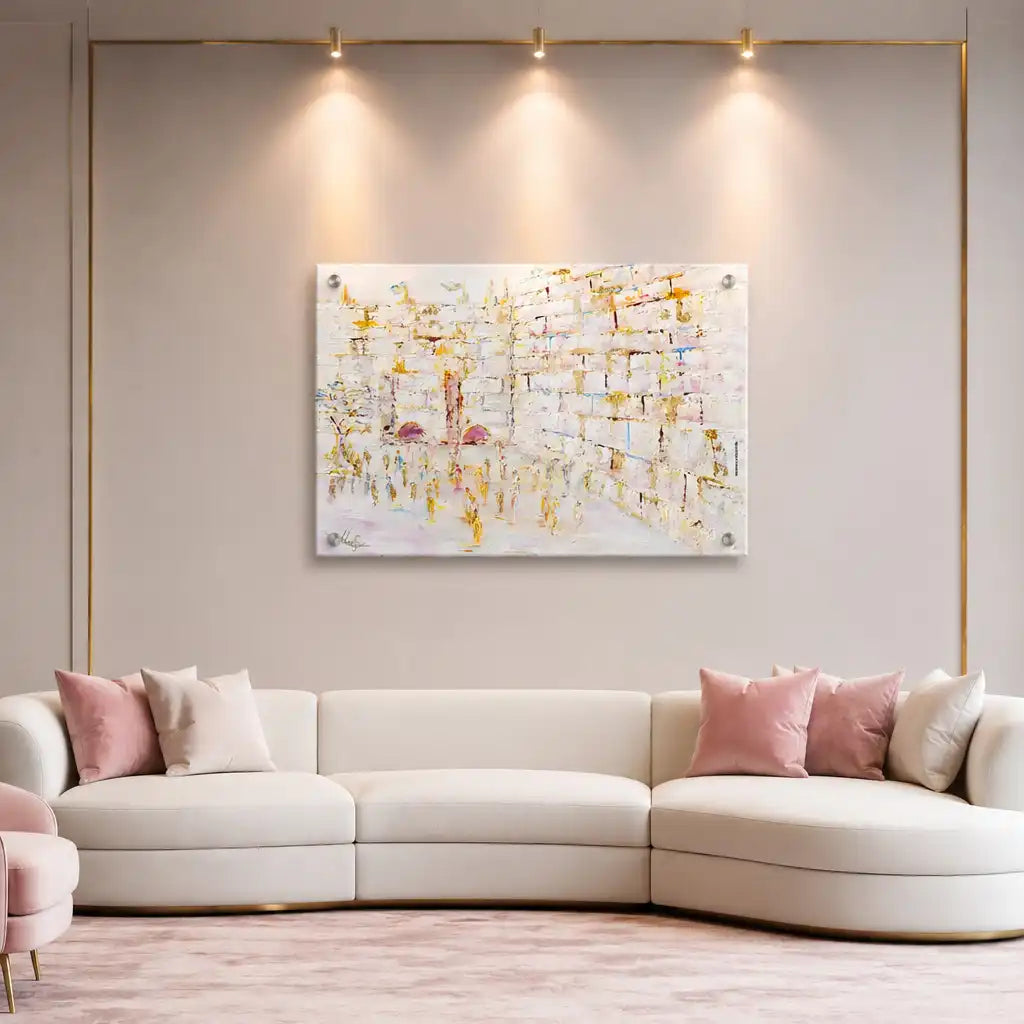 Painted kosel design by Yosefa, soft pastel colors of abstract kosel design with people walking in front. Picture hanging over a couch.