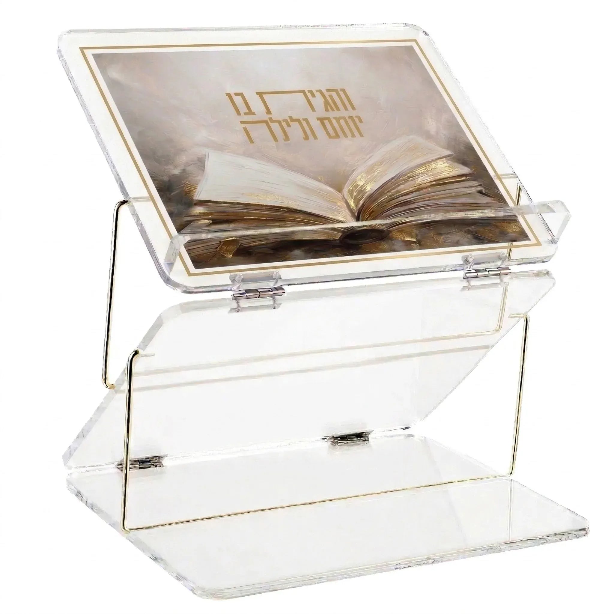 Clear acrylic shtender with gold accents featuring an open book design on a white background - waterdale collection