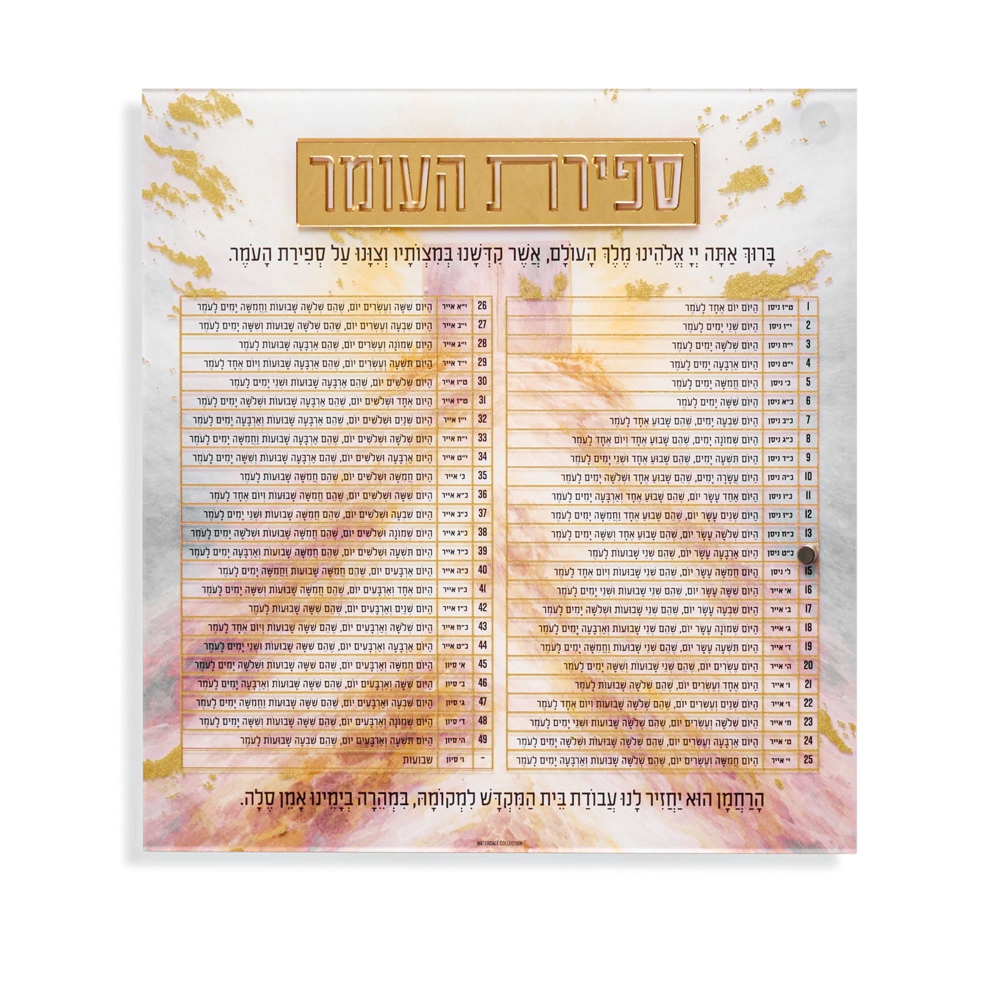 Painted Sefiras HaOmer magnet with Hebrew text, gold accents, and pastel artwork, Jewish ritual wall decor for counting the Omer | Waterdale Collection