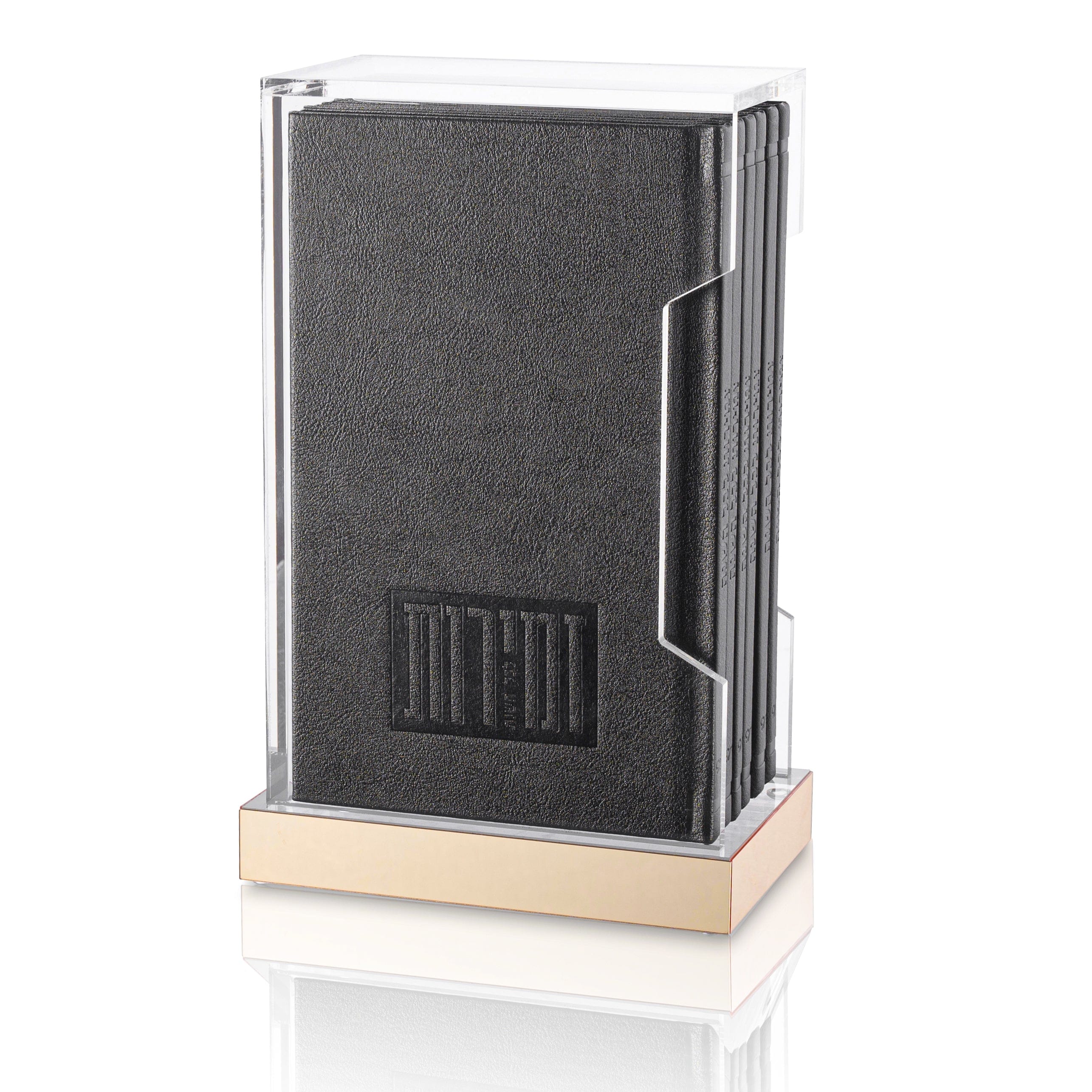 Painted Shabbos & Yom Tov Zemiros bencher set, black painted benchers displayed in a clear acrylic holder.