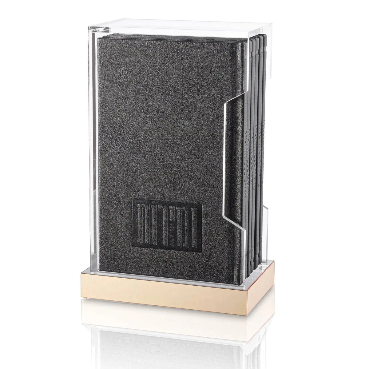 Black and cream Painted Shabbos Zemiros Bencher Set with gold accents, displayed in protective glass case on wooden base.