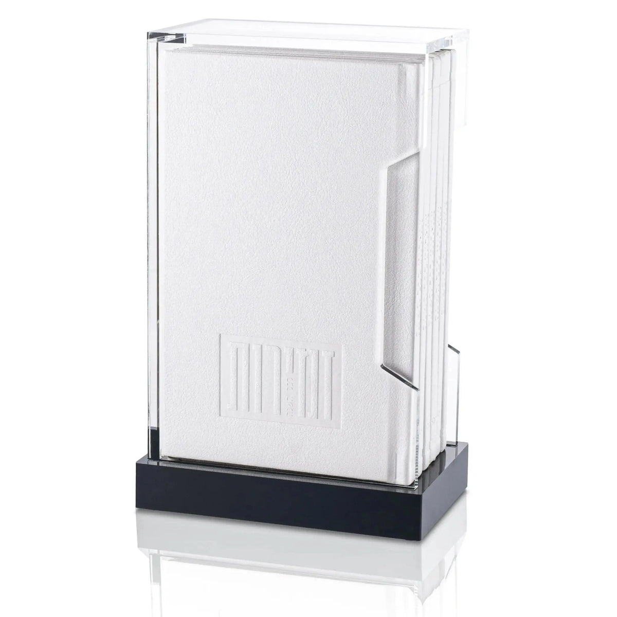 Clear acrylic Zemiros Bencher set with white panels and black base, designed for Shabbos and holiday blessings.
