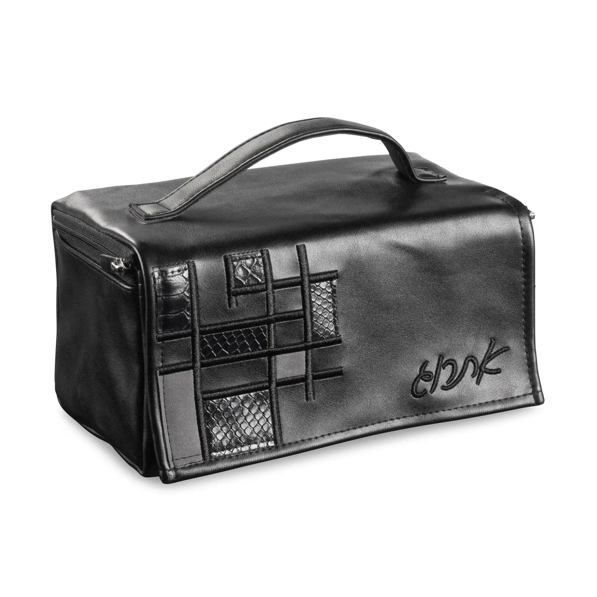 Black Patchwork leather esrog bag from Waterdale Collection with a top handle, for Sukkos