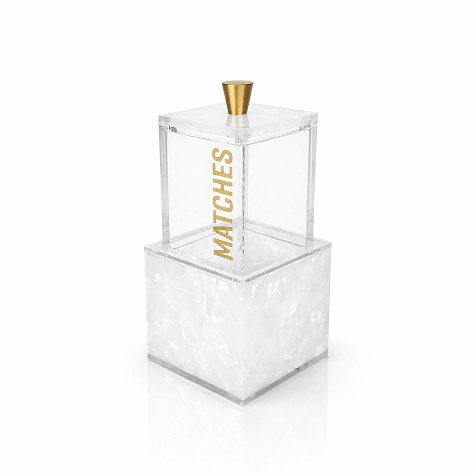 Pearlstone resin block match holder in a textured sand-taupe finish, featuring a geometric square silhouette and minimalist gold Hebrew typography for Shabbat; a durable, shatter-resistant stone-effect lighting accessory- Waterdale Collection