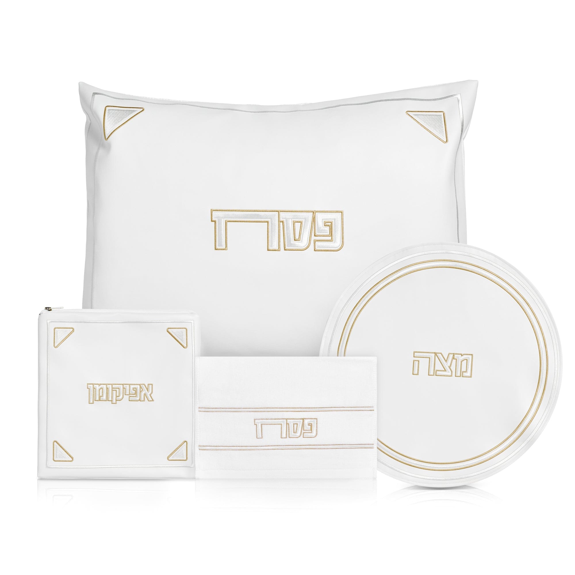 Luxury Gold pearlstone Pesach set with white and gold Passover accessories, Hebrew inscriptions, and modern minimalist design | Waterdale Collection
