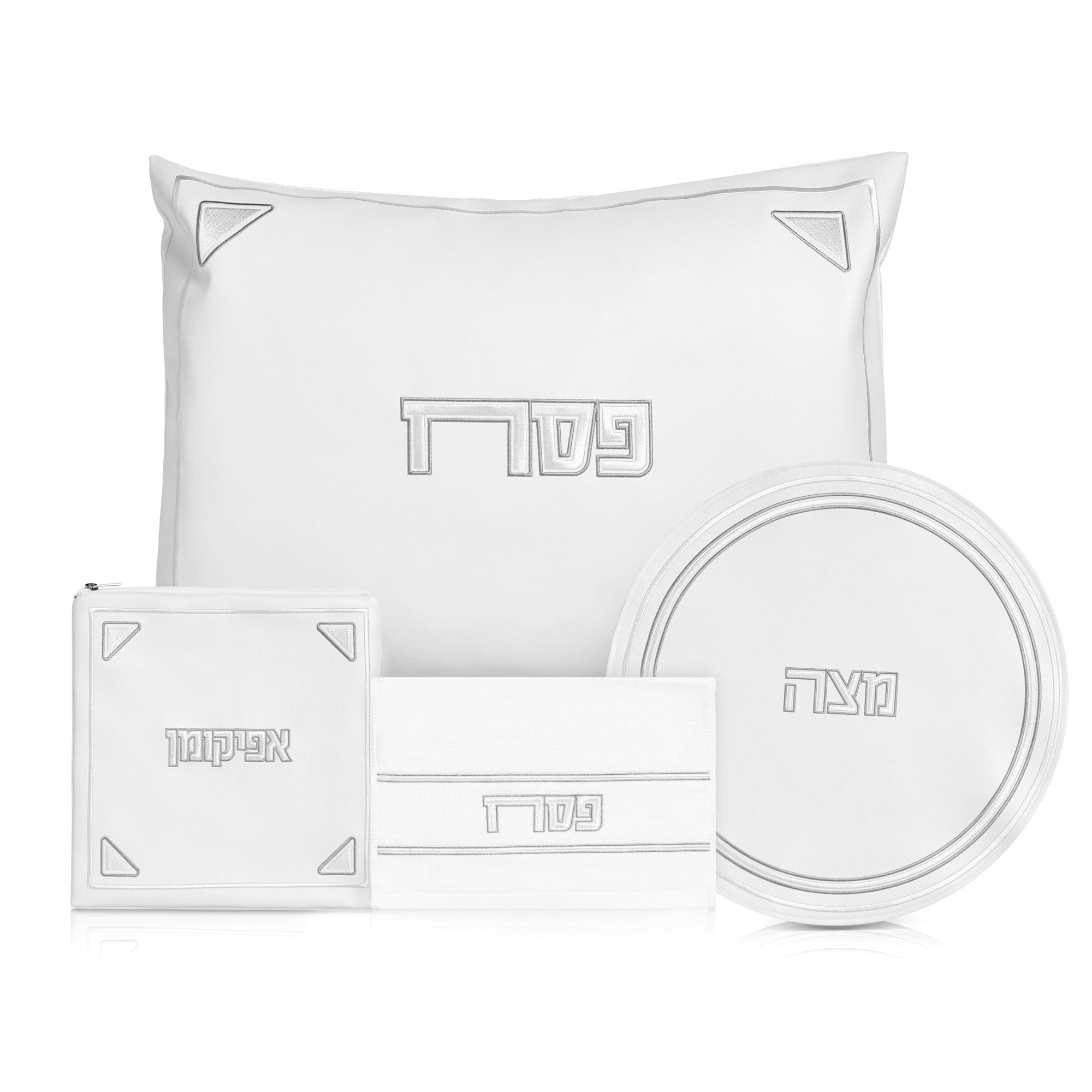 Luxury Silver pearlstone Pesach set with white and gold Passover accessories, Hebrew inscriptions, and modern minimalist design | Waterdale Collection