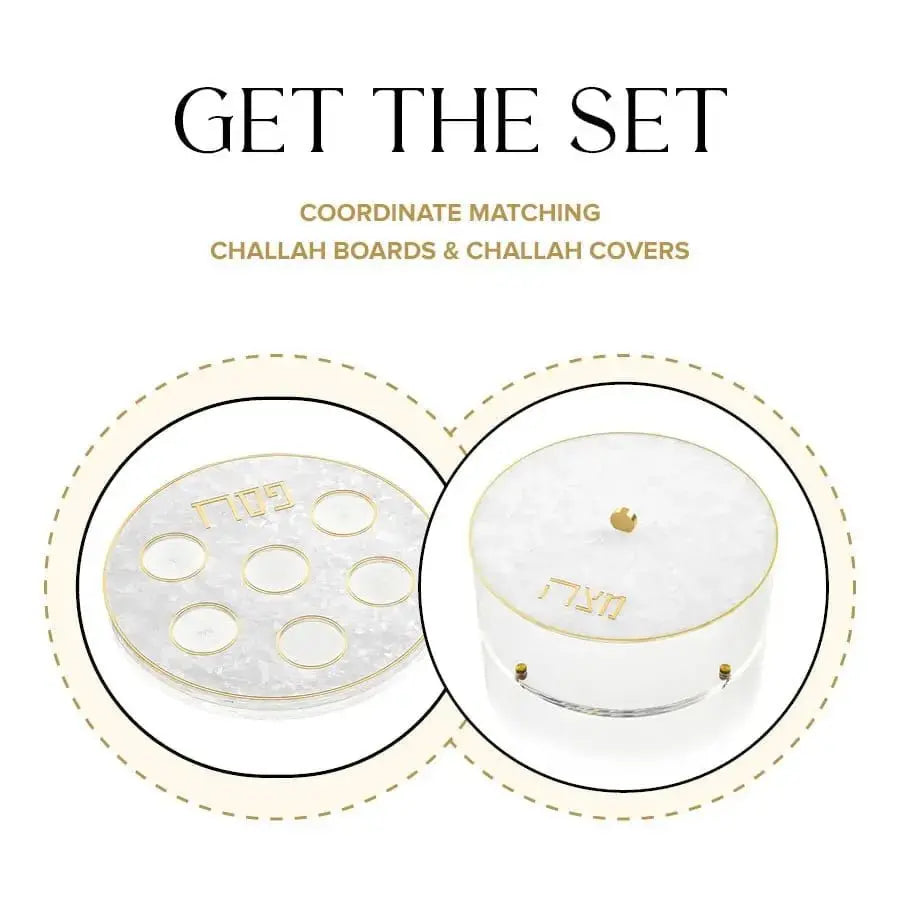 Pearlstone Seder plate and matzah box set in cream ceramic with gold accents, displayed as bundle.