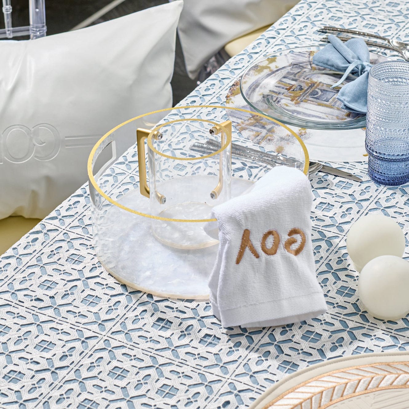 Pearlstone Washing Cup featuring a clear lucite netilat yadayim cup with elegant gold-tone handles and a pearlstone base, designed to elevate your Shabbos and Yom Tov table with refined, modern style.