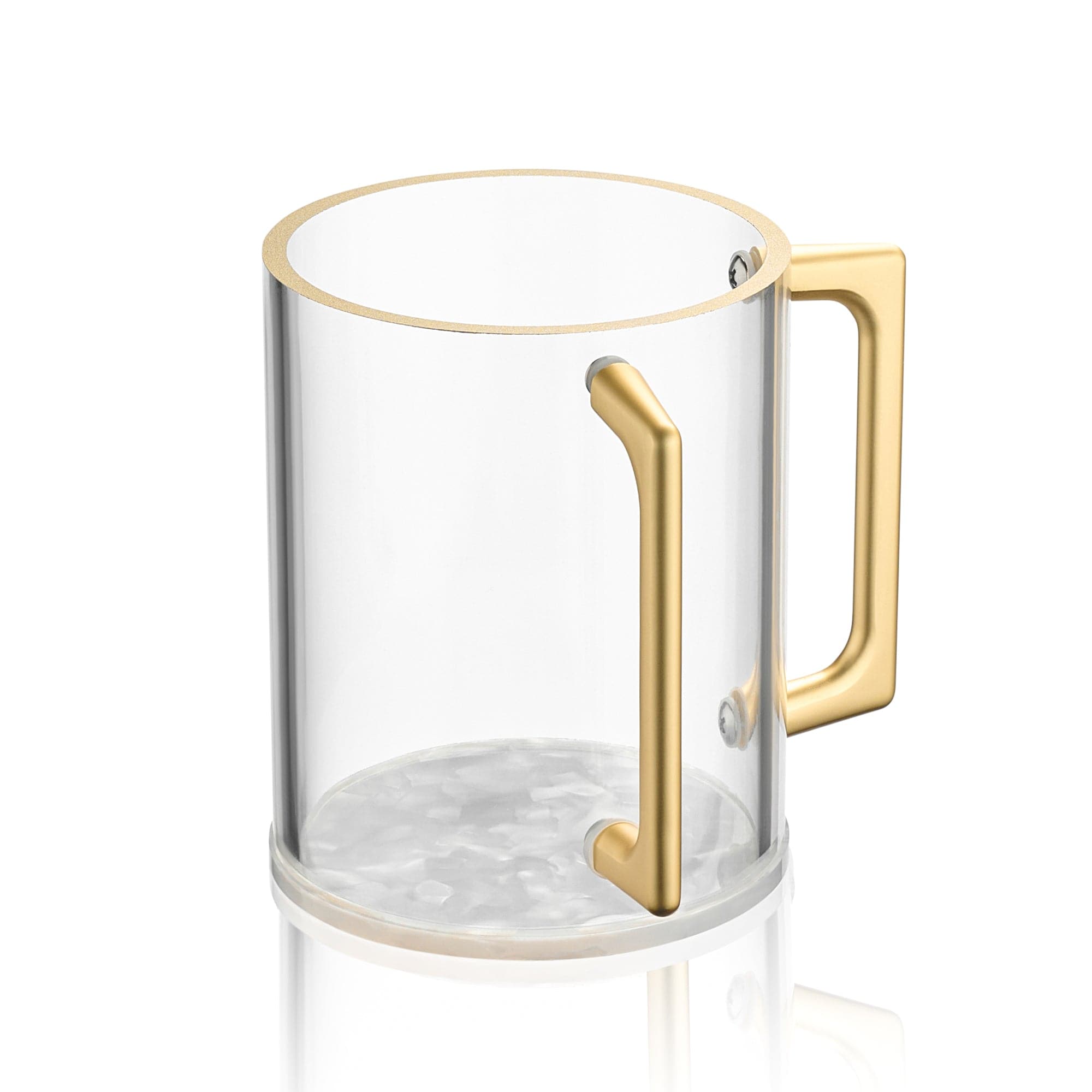 Pearlstone Washing Cup crafted from clear lucite with a pearlstone inlay base and elegant gold-tone dual handles.