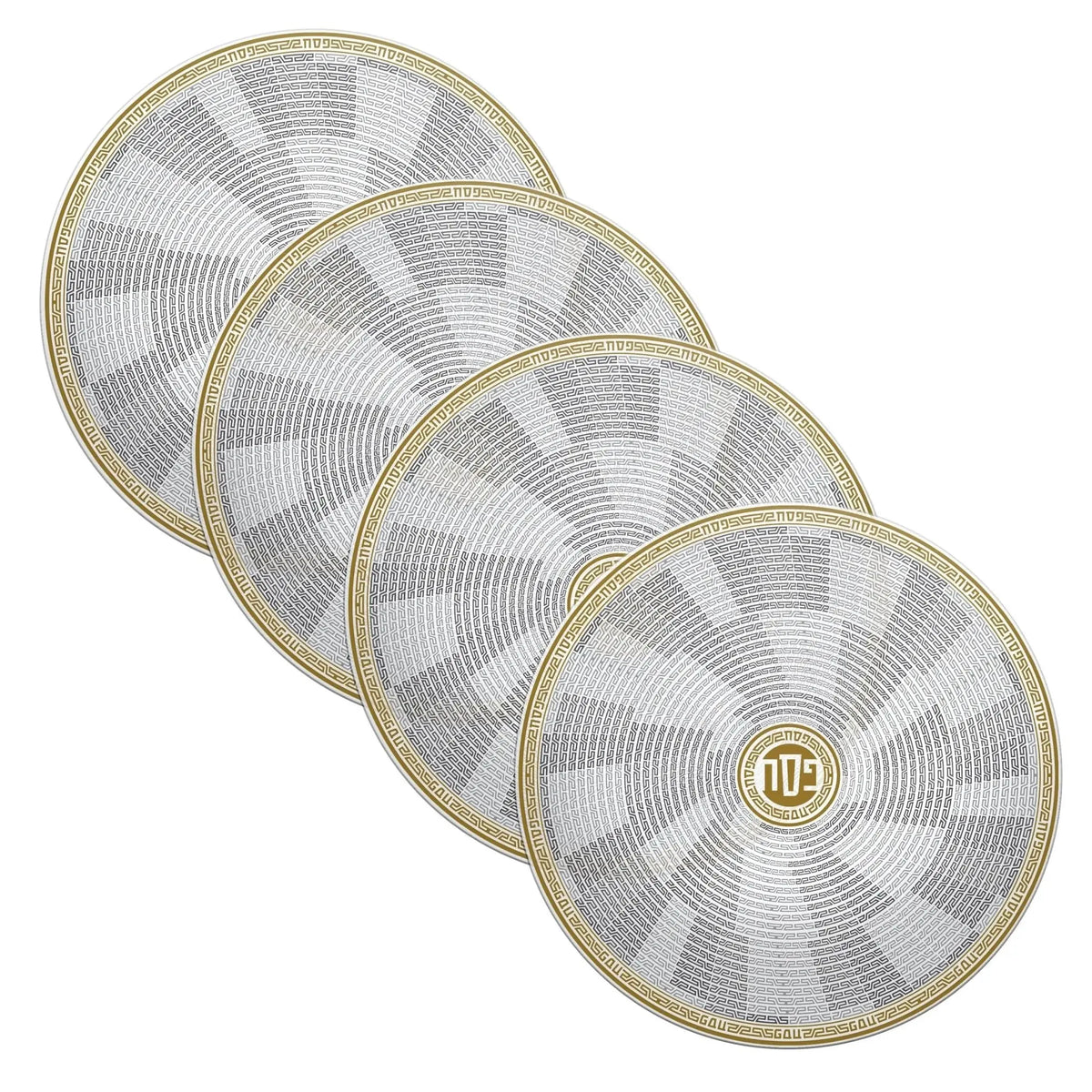 Pesach geometric chargers in gold and white, set of four round table chargers with modern angular pattern design for holiday tableware.
