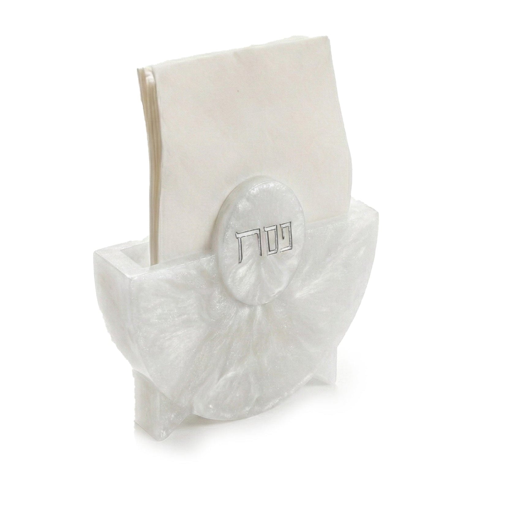 Pesach Resin Napkin Holder in pearlescent white finish with sculpted fan design and round plaque featuring Hebrew “Pesach,” elegant Passover table décor for holding dinner or cocktail napkins