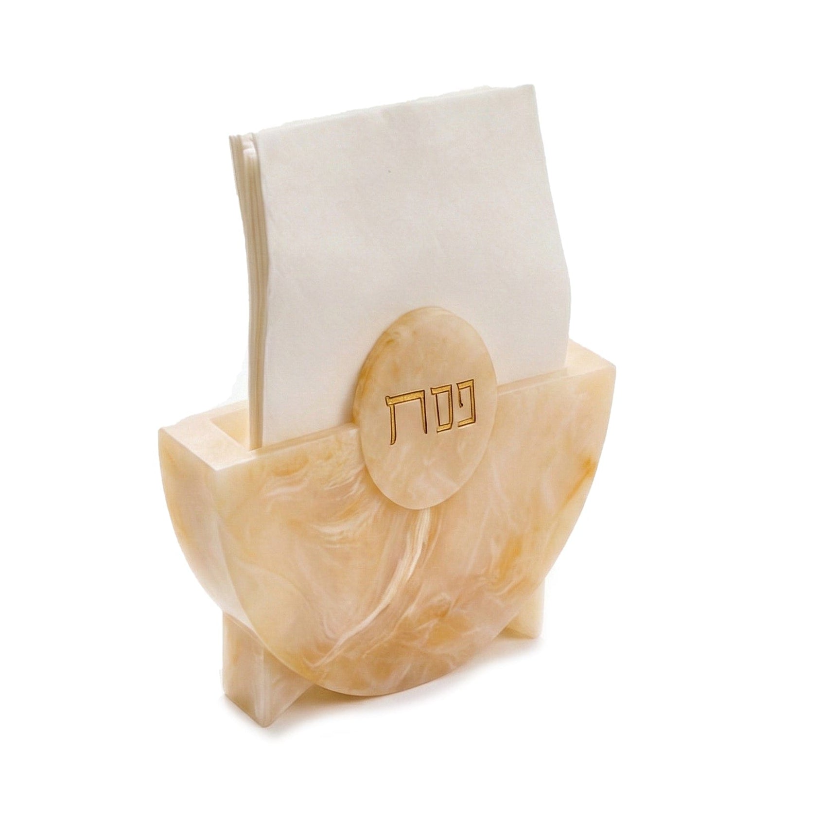 Pesach resin napkin holder in marbled cream finish with round gold Hebrew “Pesach” emblem, holding white napkins for Seder table décor.