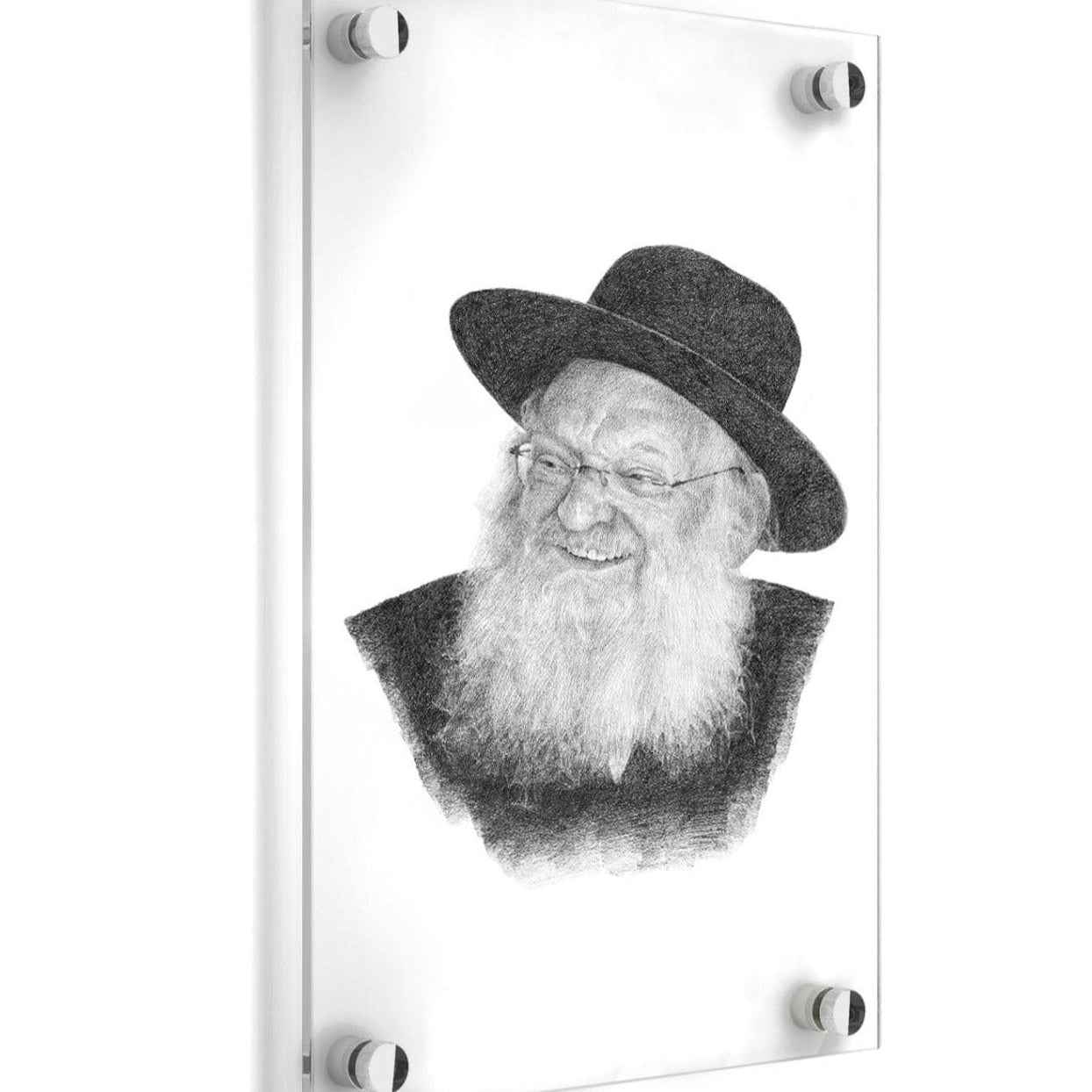 Modern Rav Mattisyahu Solomon Gadol sketch on clear lucite, featuring a high-contrast charcoal-style portrait for a sophisticated Jewish study by Waterdale Collection