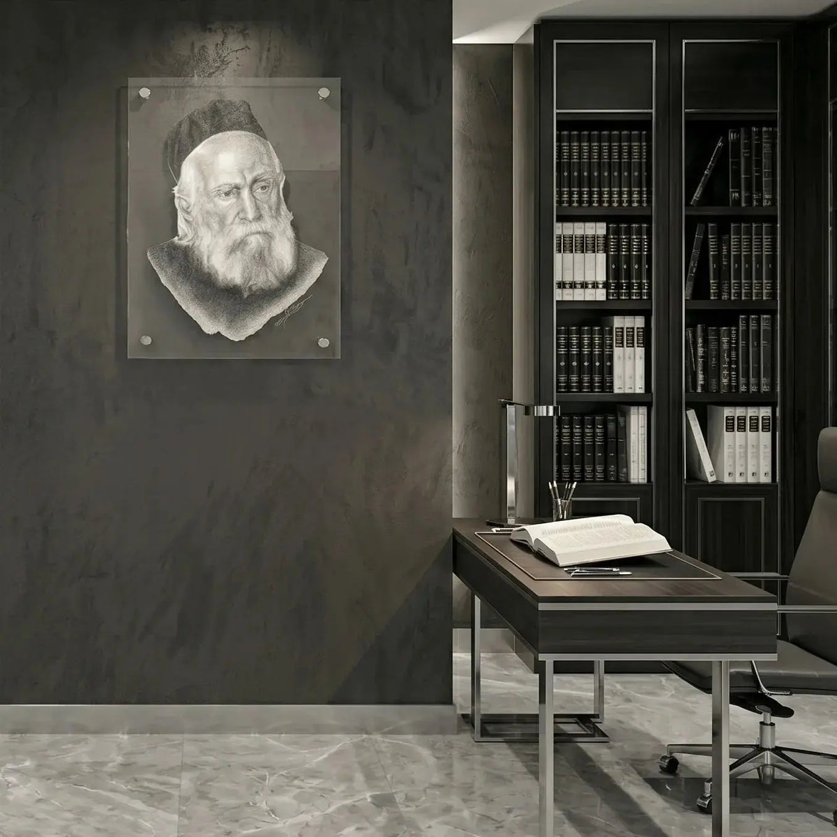 Rabbi Moshe Feinstein sketch artwork on acrylic, elegant Gedolim wall art for Jewish homes, offices, study rooms, and meaningful Judaica gifts.