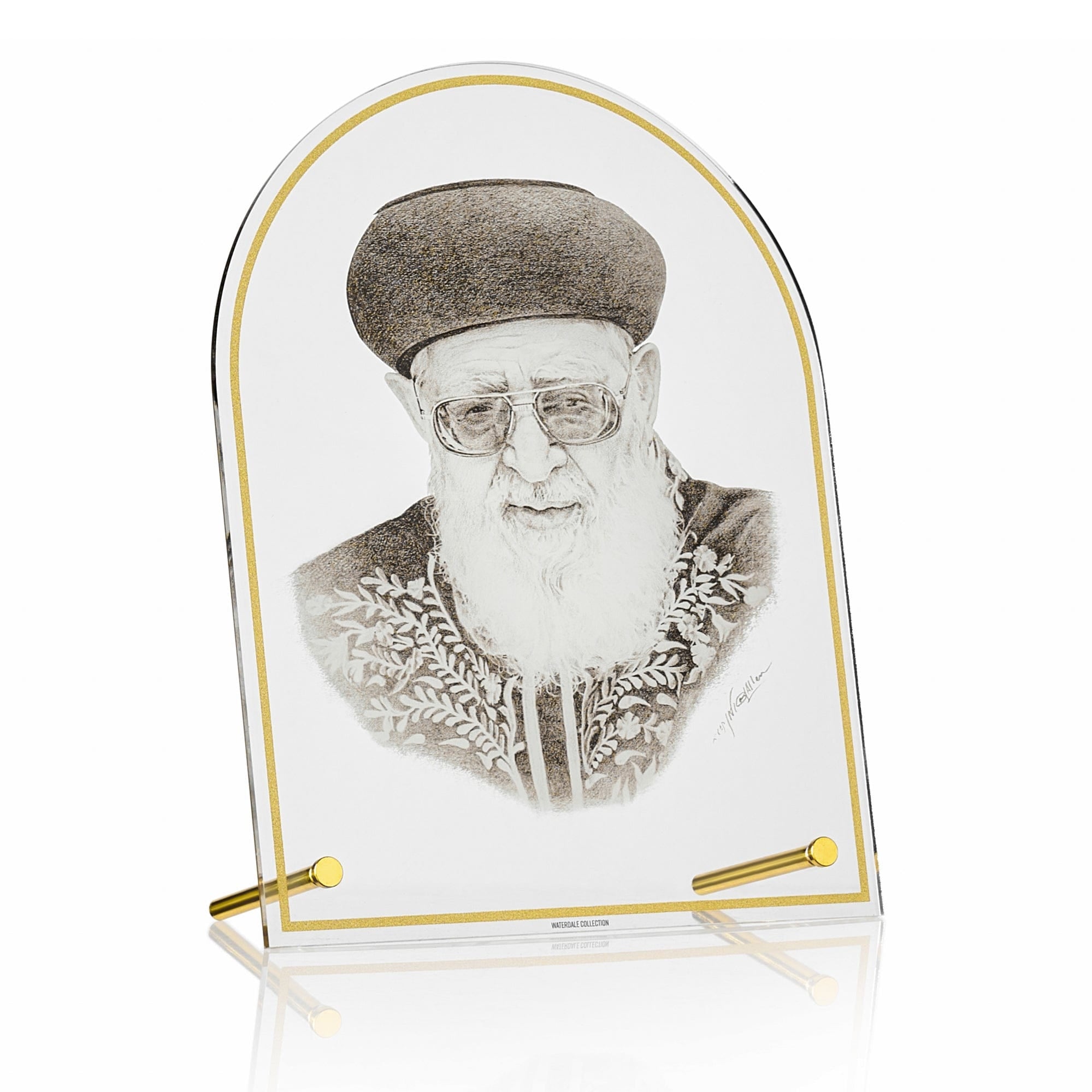 Arched lucite Rav Ovadia Yosef tabletop sketch with gold hardware.
