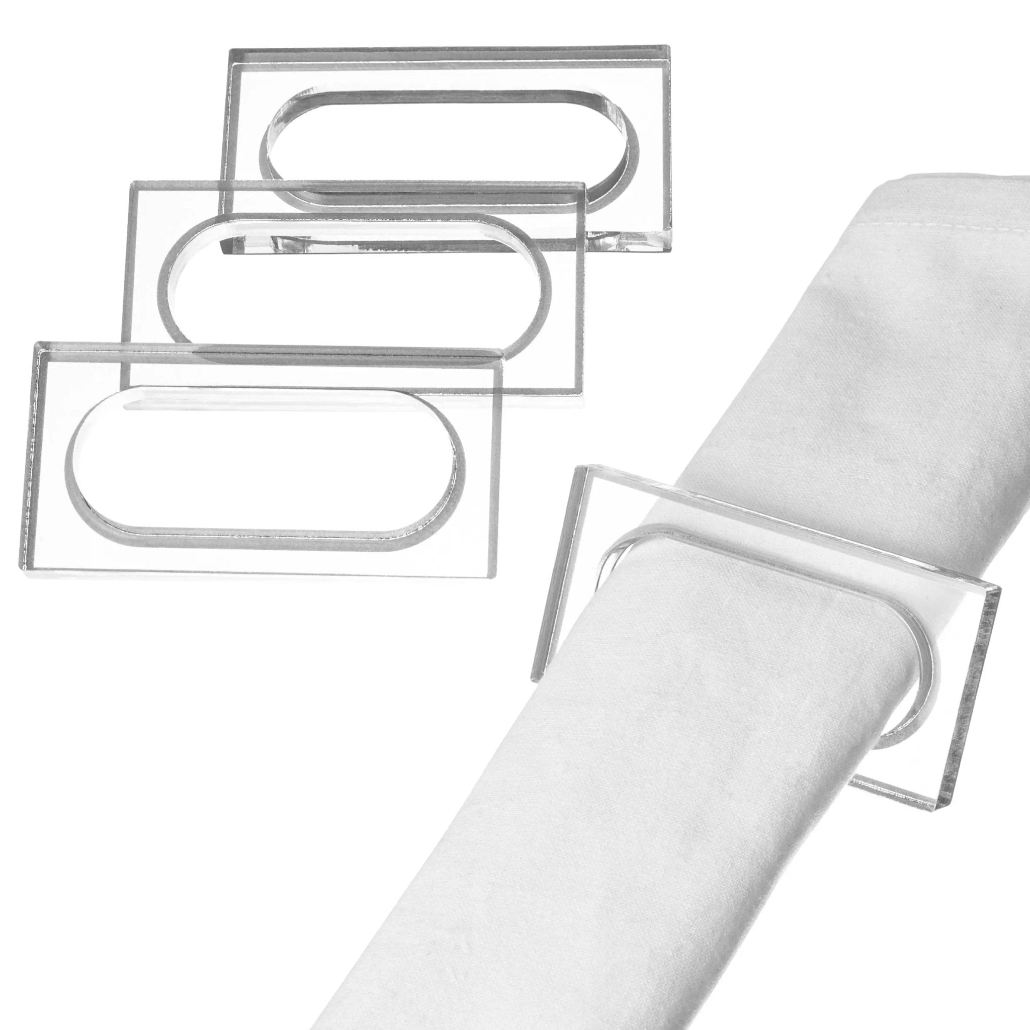 Three silver rectangle napkin rings displayed fanned out, showing the sleek metal design and curved band style for table settings.