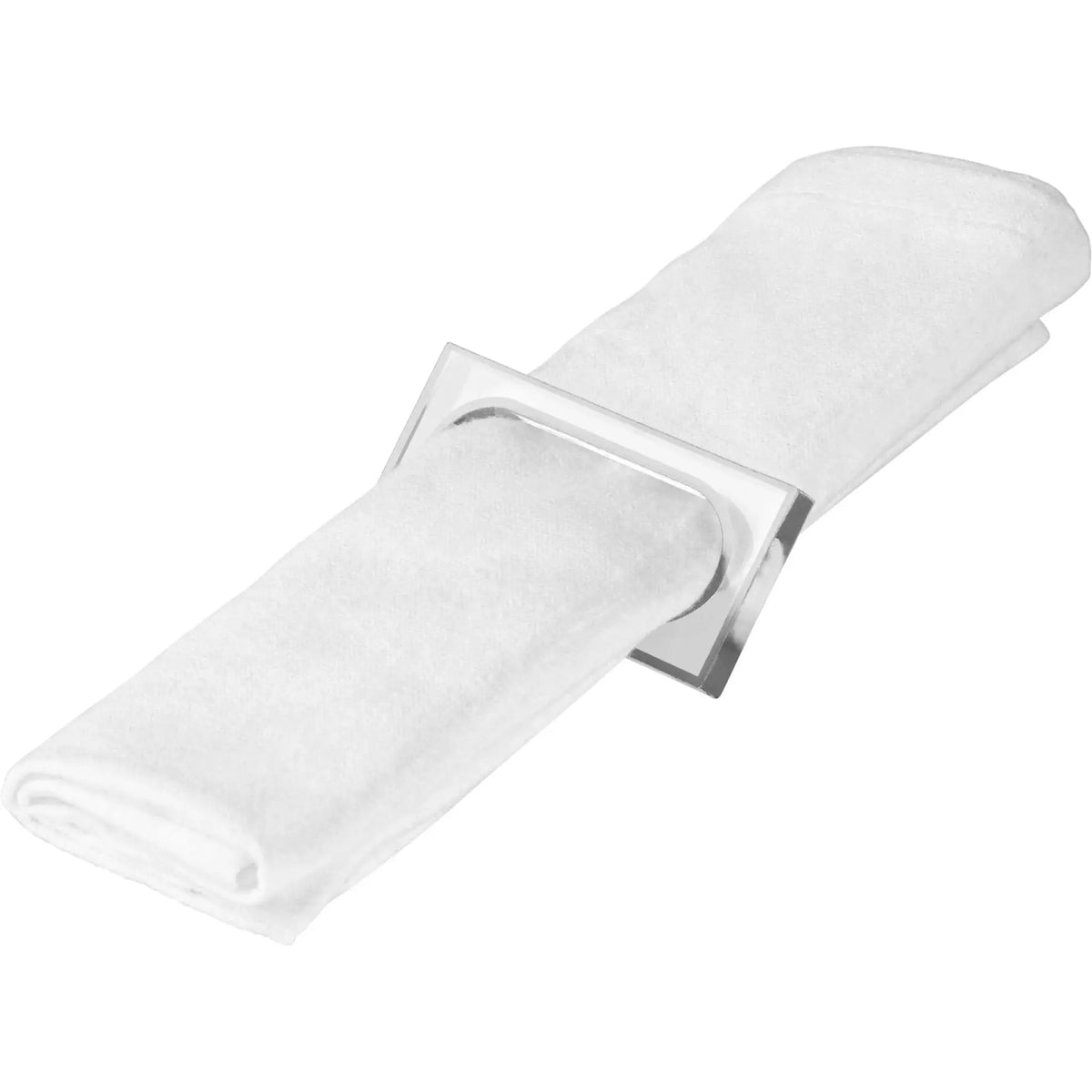 Silver rectangle napkin rings displayed on folded white napkin, showing elegant tabletop styling for formal dining and entertaining.