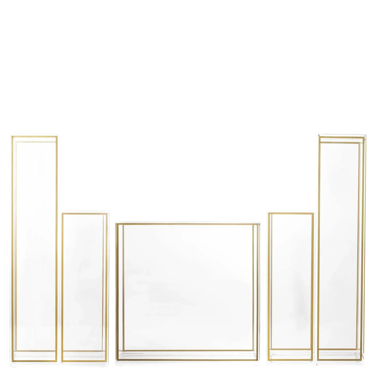 Rectangle outline vases in gold and silver finishes arranged in a group display, showing tall and square modern glass vase designs.