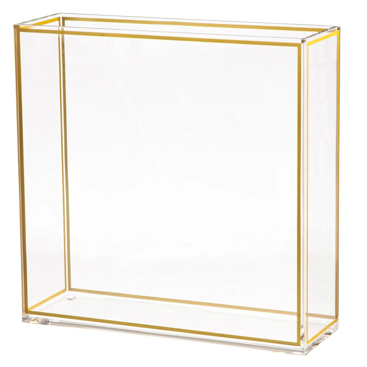 Gold metal rectangle outline vase with glass panels, minimalist geometric design by Waterdale Collection for floral arrangements and tabletop display.