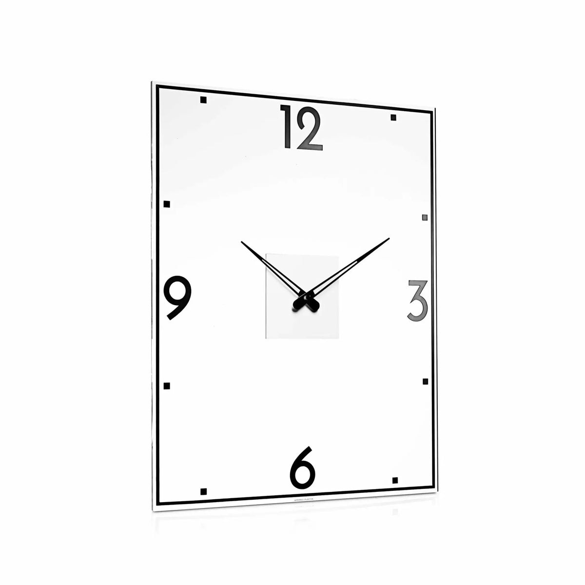 Rectangular classic wall clock with white face, black numbers at 12, 3, 6, and 9 positions, thin black hands, and minimalist design from Waterdale Collection.