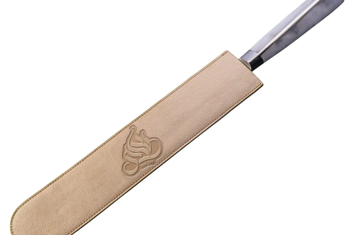 Tan leather Regal Knife Blade Cover with wooden handle grip and metal ferrule, designed to protect knife blades during storage and transport.