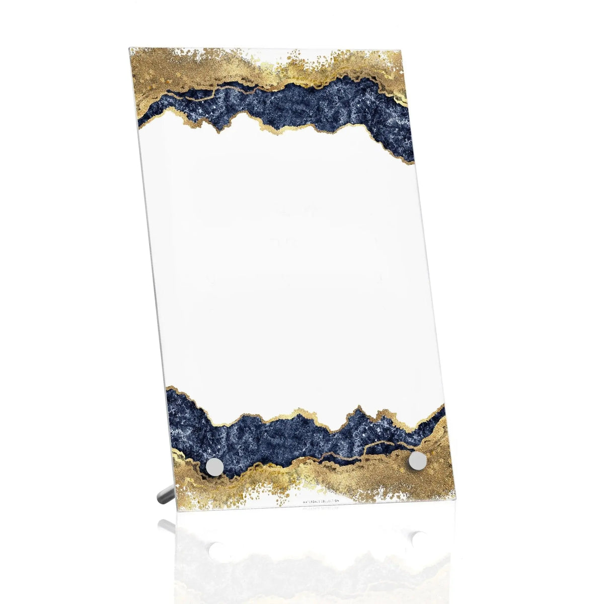 Abstract custom tabletop print featuring navy and gold marbled design with white center panel, modern home decor plaque