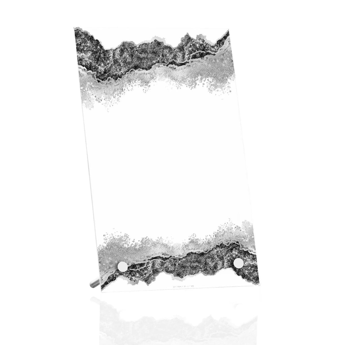 Abstract custom tabletop print featuring black marbled textures on white background, modern minimalist design for home decor display.