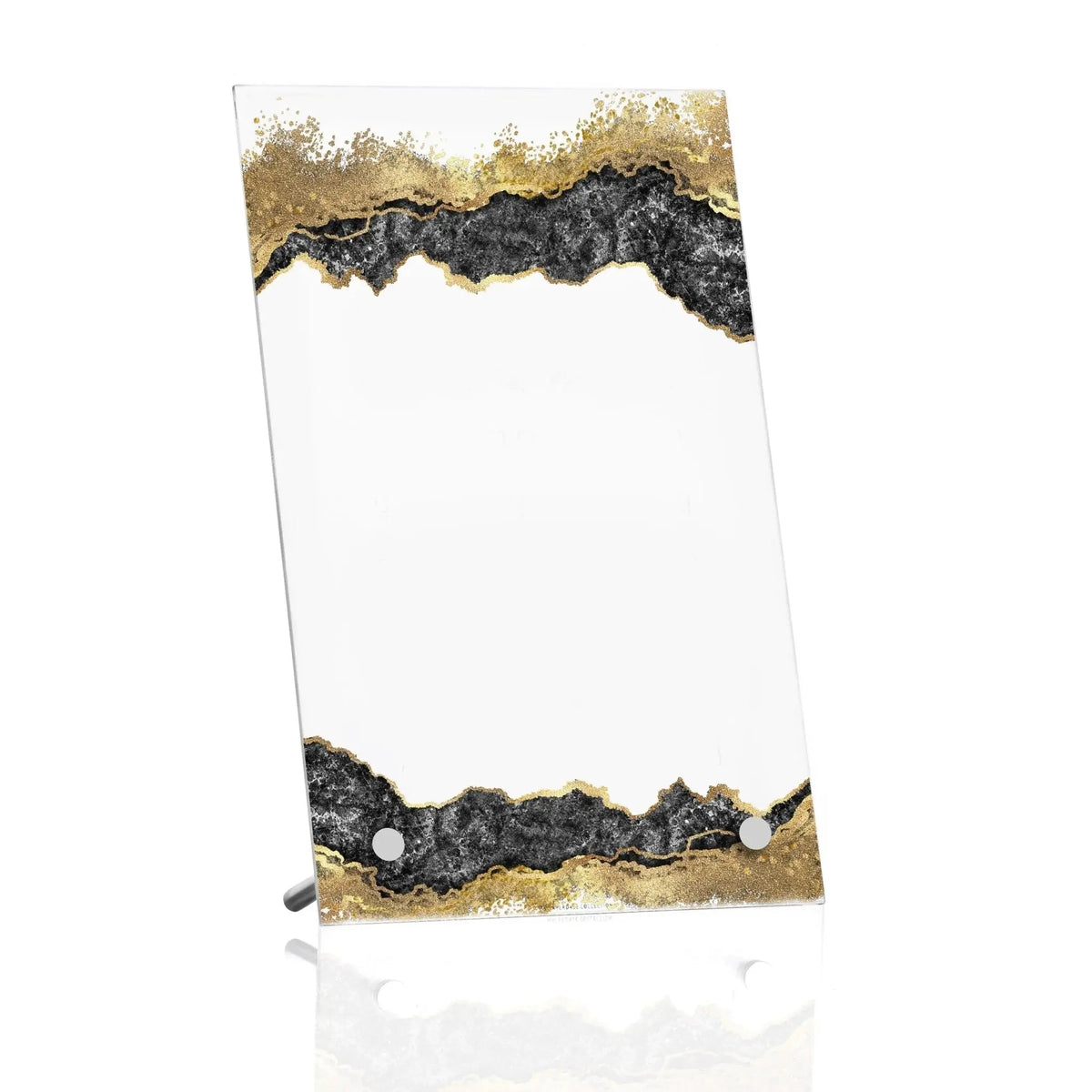 Abstract tabletop plaque with gold and black marbled design, white center space for custom printing, modern home decor accent.