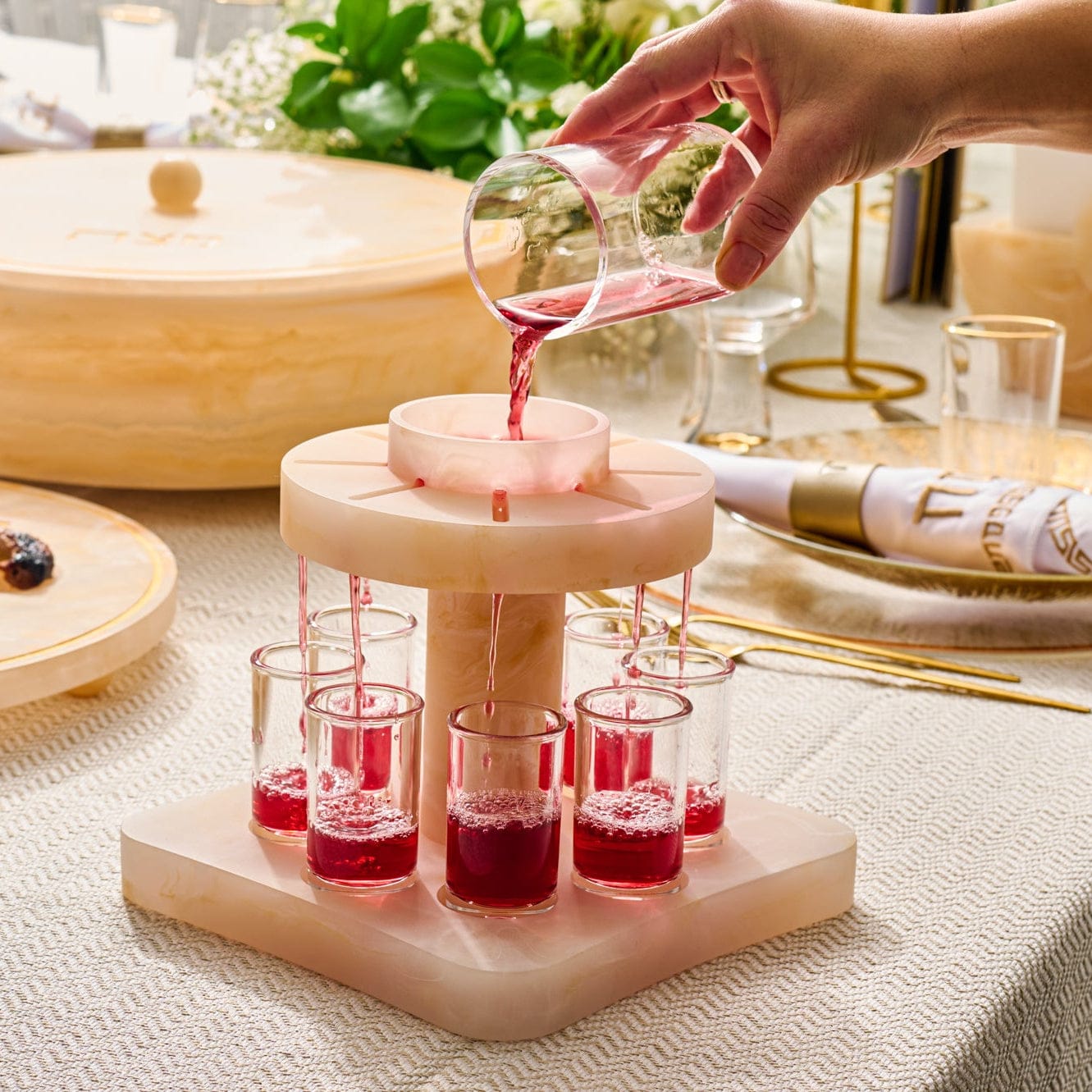 Resin Kiddush Fountain, modern Shabbos wine fountain with matching Kiddush cups, elegant Judaica table centerpiece for Shabbat and Yom Tov, luxury acrylic wine fountain set for Jewish home.