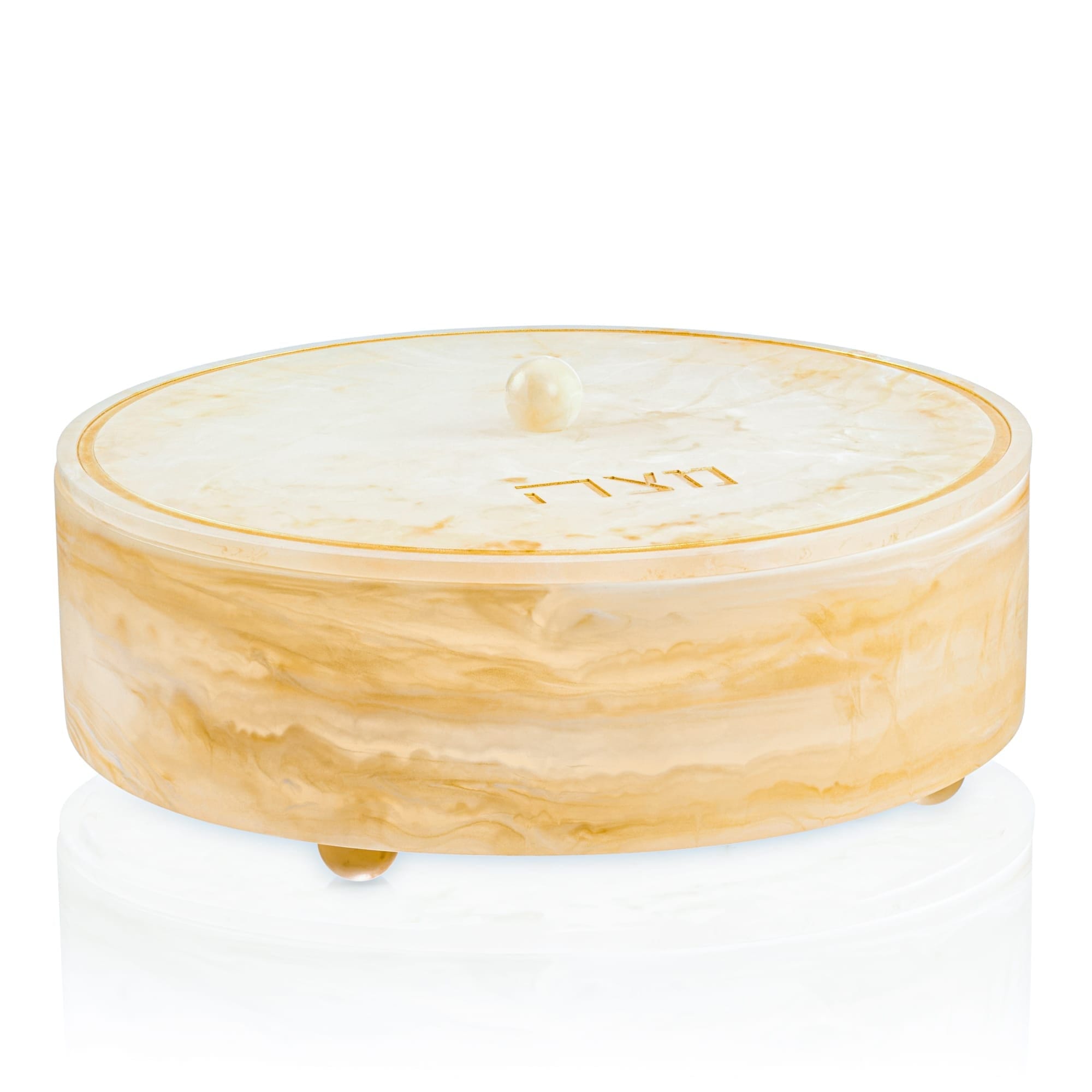 Luxury gold resin matzah box featuring white and gold marble effect, round Passover storage design, and Hebrew inscription | Waterdale Collection