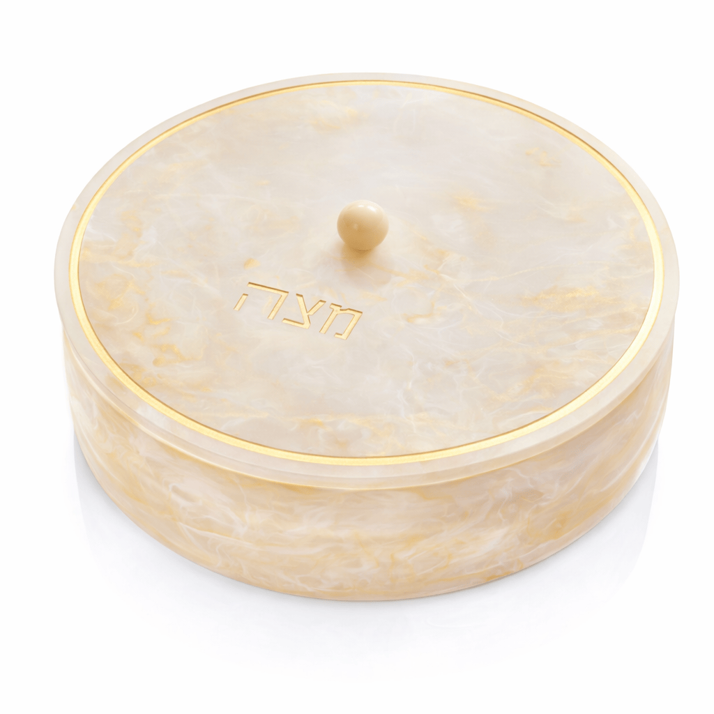 Marbled resin matzah box with gold trim and Hebrew lettering – Waterdale Collection